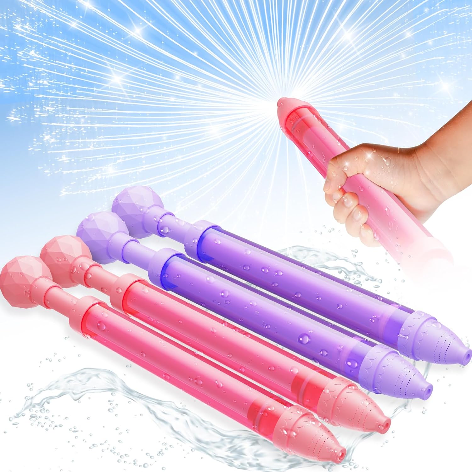 Fireworks Spray Water Blaster Squirter Gun for Kids, 4 Pack Firework Water Shooters Water Toys for Girls Boys, Pink PurpleWater Squirter Gun Bulk for Pool Party Backyard Beach Outdoor Game