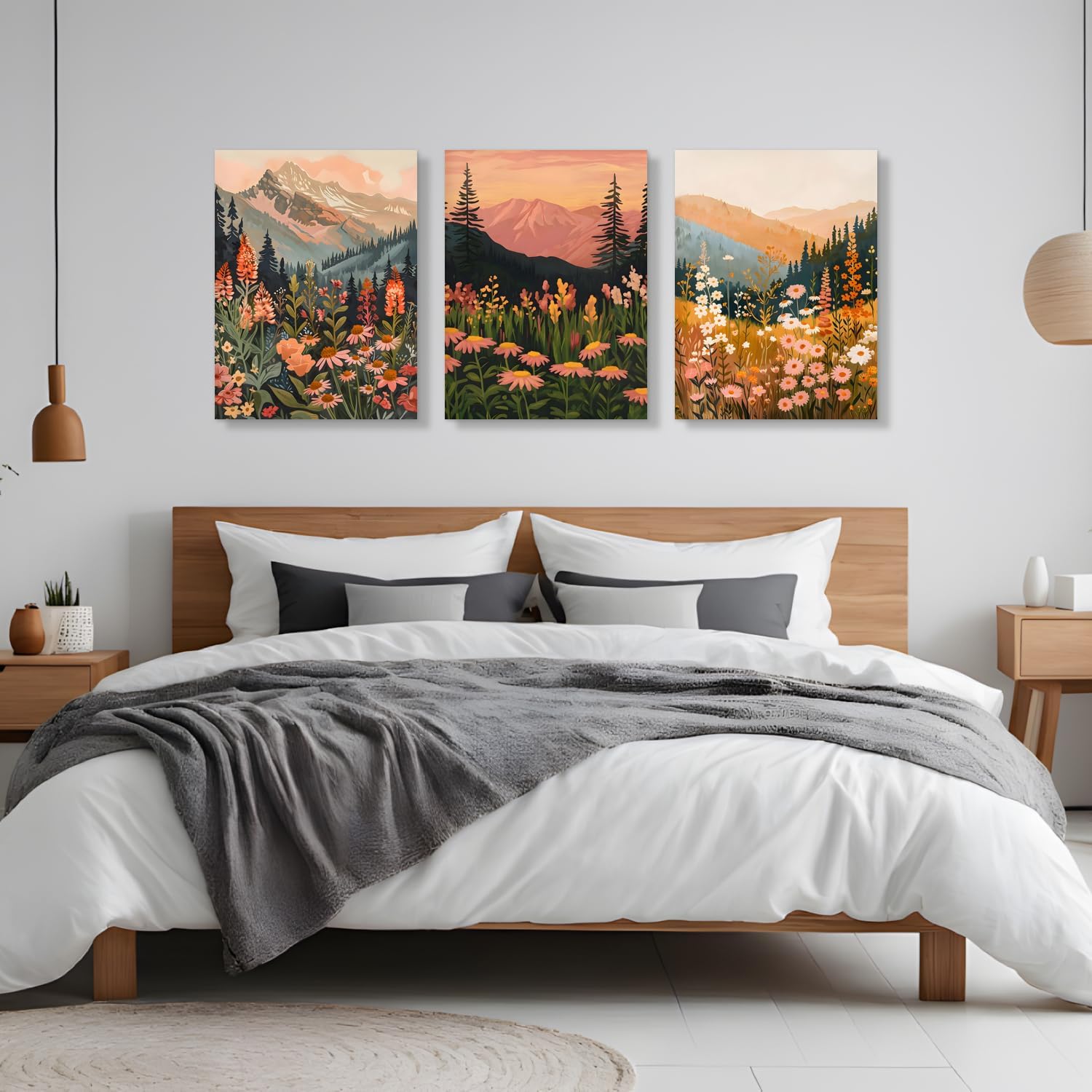IAFWZX Framed Mountain Wildflower Sunset Wall Art, Colorful Daisy Floral Wall Decor, Boho Wildflower Canvas Paintings, Vintage Nature Botanical Aesthetic Pictures for Bedroom Living Room 12"x16"x3