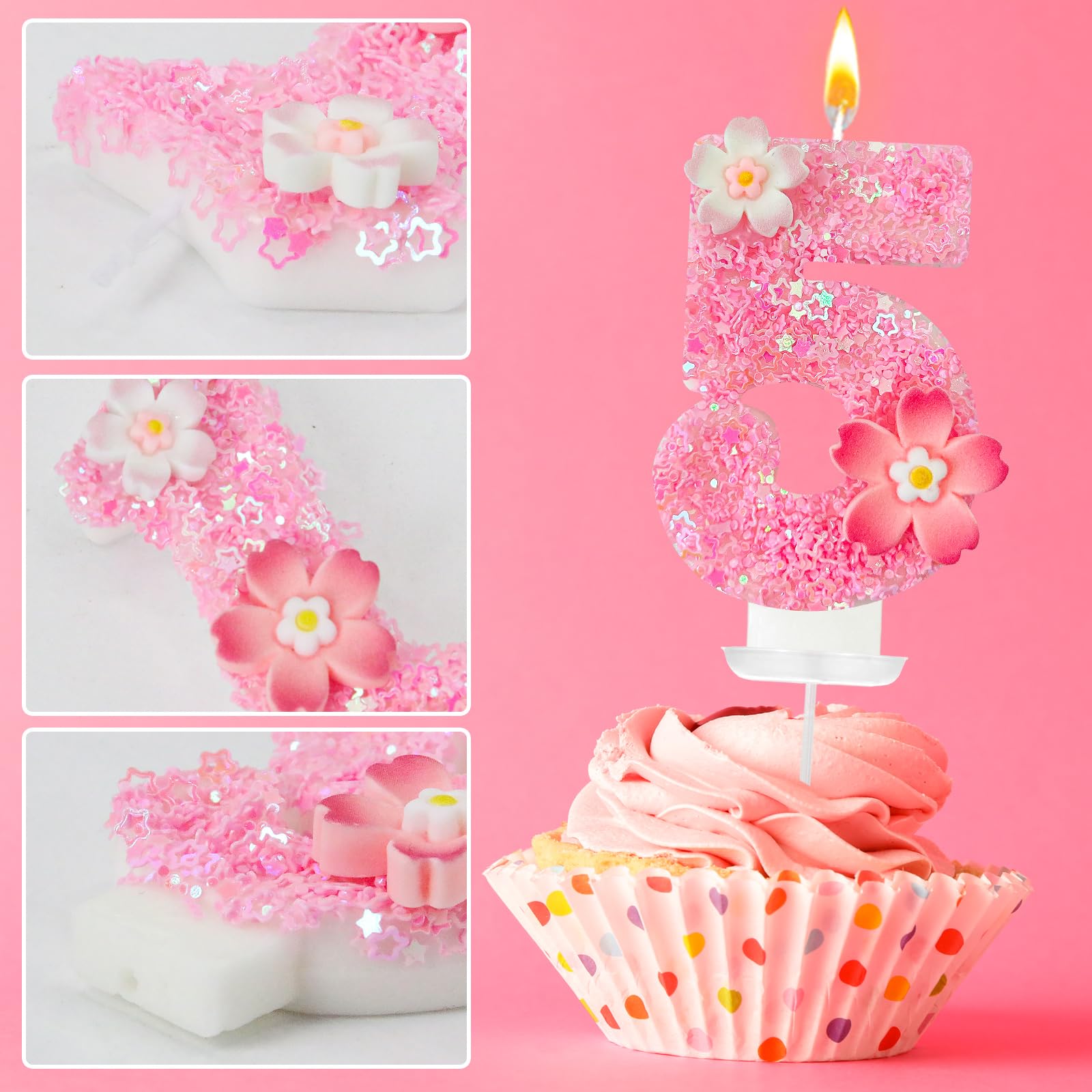 Vela de cumpleaños de flor rosa, velas de cumpleaños número 5 para pasteles, decoración ideal para fiestas de cumpleaños, aniversario de boda y otras celebraciones (flor 5)