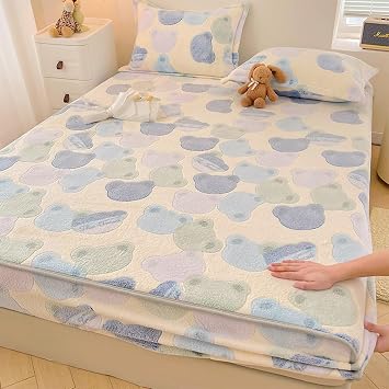 Thickened Warm Fitted Bed Sheet,New Snowflake Velvet Bed Sheet with Two Pillowcases,Winter Warm Thicken Plush Fitted Sheets BedspreadC,90x200cm