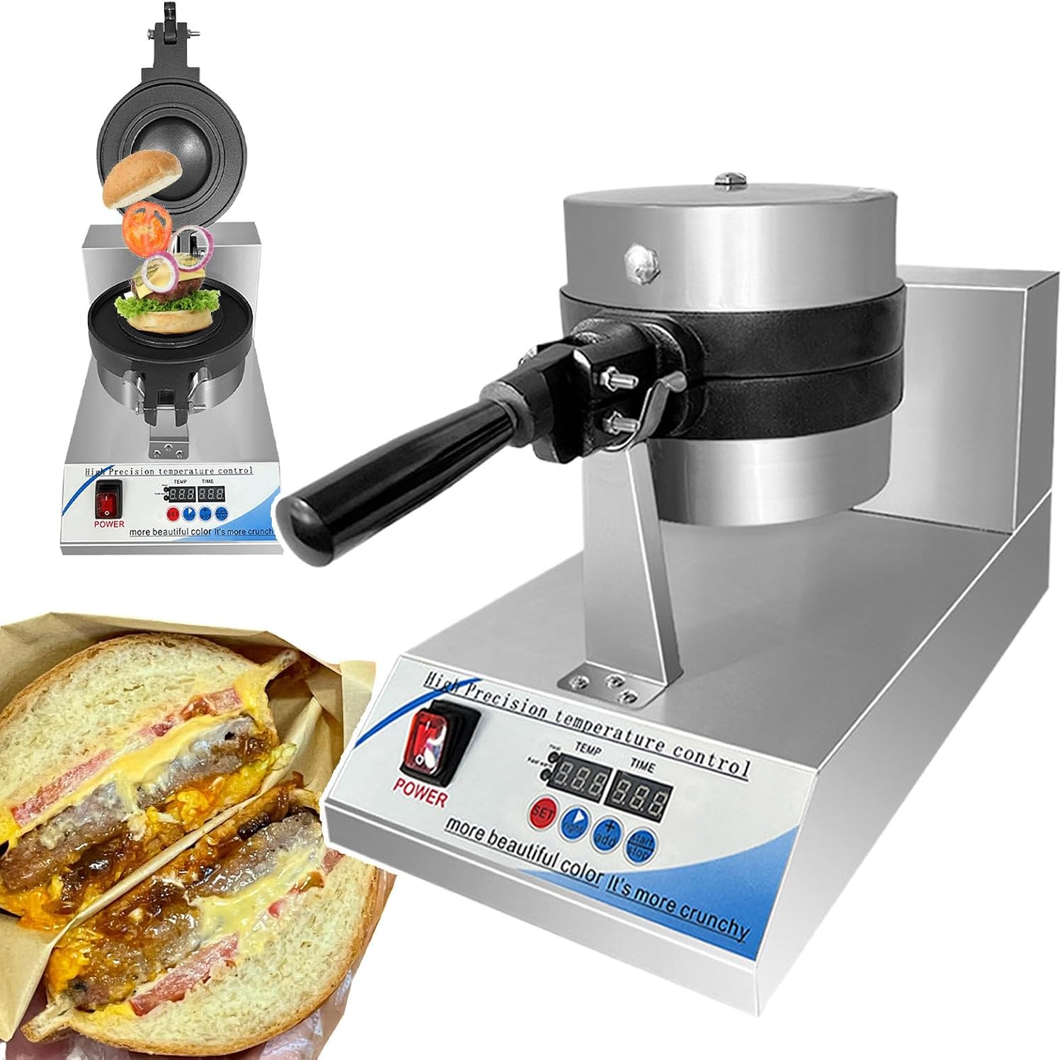 Waffle Maker Electric Press Burger Machine Commercial Hamburger/Sandwich Press Baker Machine,Non-Stick Ice Cream Waffle Maker,Digital Display Control Panel - Adjustable Temperature