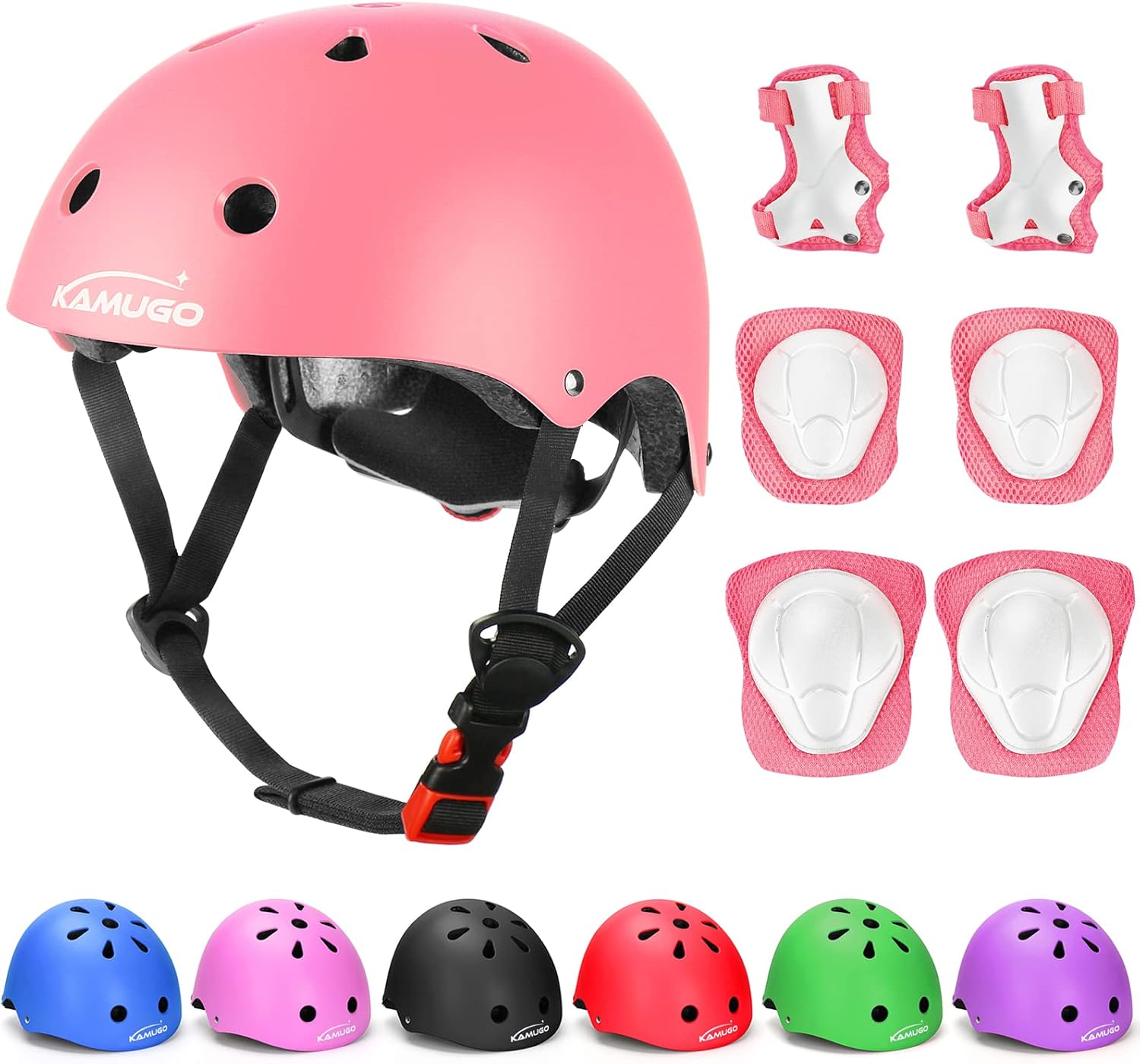 KAMUGO Kids Adjustable Helmet, with Sports Protective Gear Set Knee Elbow Wrist Pads for Toddler Age 3-8 Boys Girls, Bike Skateboard Hoverboard Scooter Rollerblading Helmet Set (Pink)