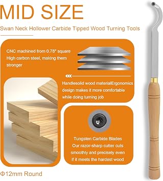 Swan Neck Hollower Woodturning Tool Carbide Tipped Lathe Chisel with Ci3 12mm Round Carbide Insert for Woodworking, 20