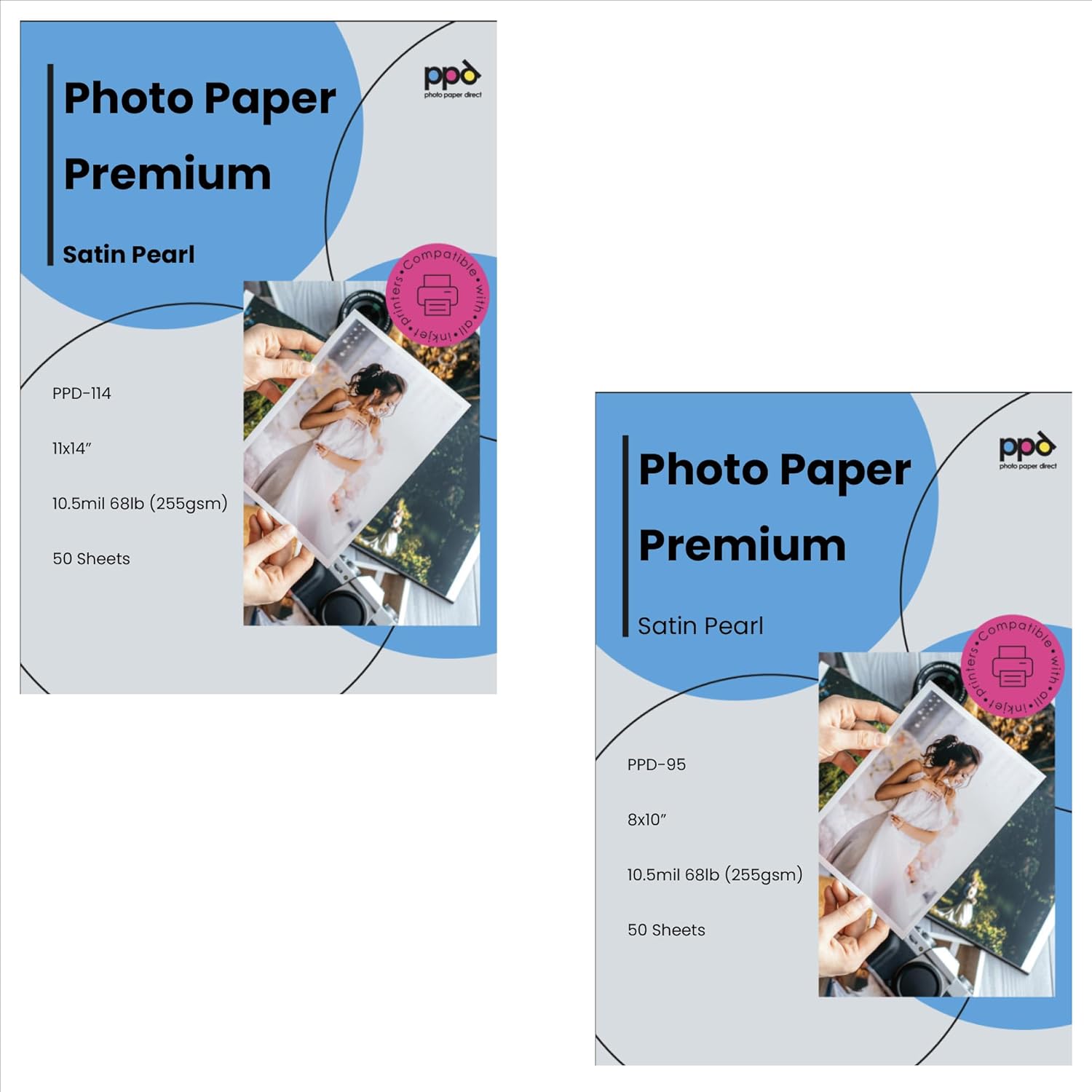 PPD Inkjet Bundle Satin Pearl Luster Super Premium Photo Paper 11x14'' 68lbs. 255gsm 10.5mil x 50 Sheets and Satin Luster Super Premium Photo Paper 8x10'' 68lbs. 255gsm 10.5mil x 50 Sheets