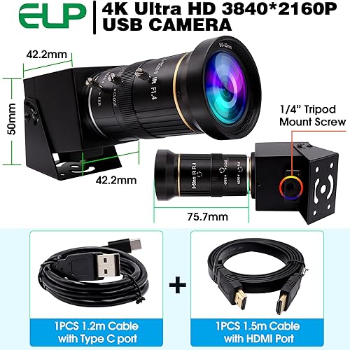 Miniatura 4 de ELP Cámara USB HDMI USB 4K Zoom manual Cámara web de enfoque variable Cámara de PC Mini cámara de primer plano para computadora H.264 Telescopio