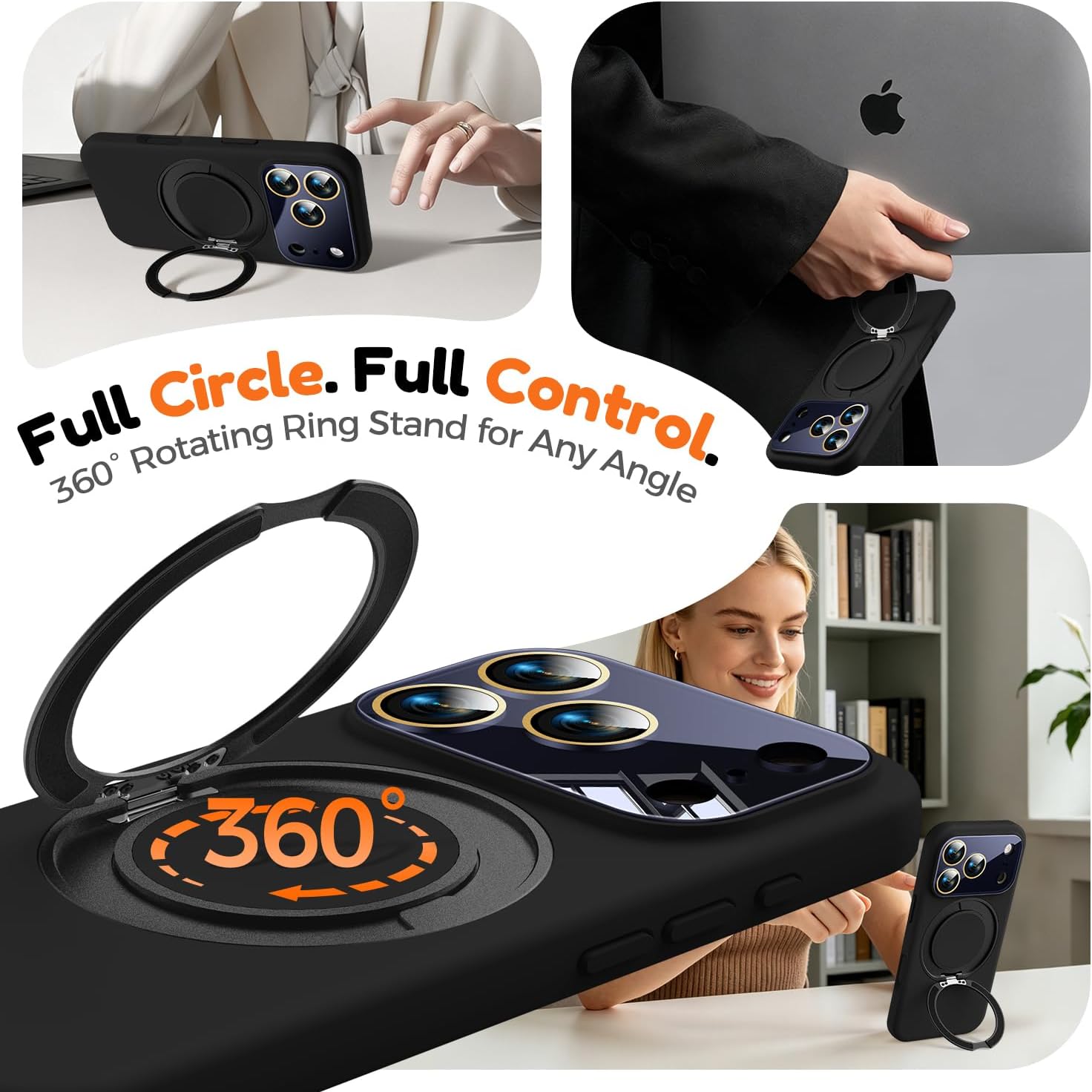 Silicone 360 Spin Magnetic Stand Case for iPhone 17 Pro, [Compatible with Mag-Safe][Reinforced Hard Camera Protection] Liquid Silicone Rubber Phone Case Cover with Ring, Camera Button, Jet Black