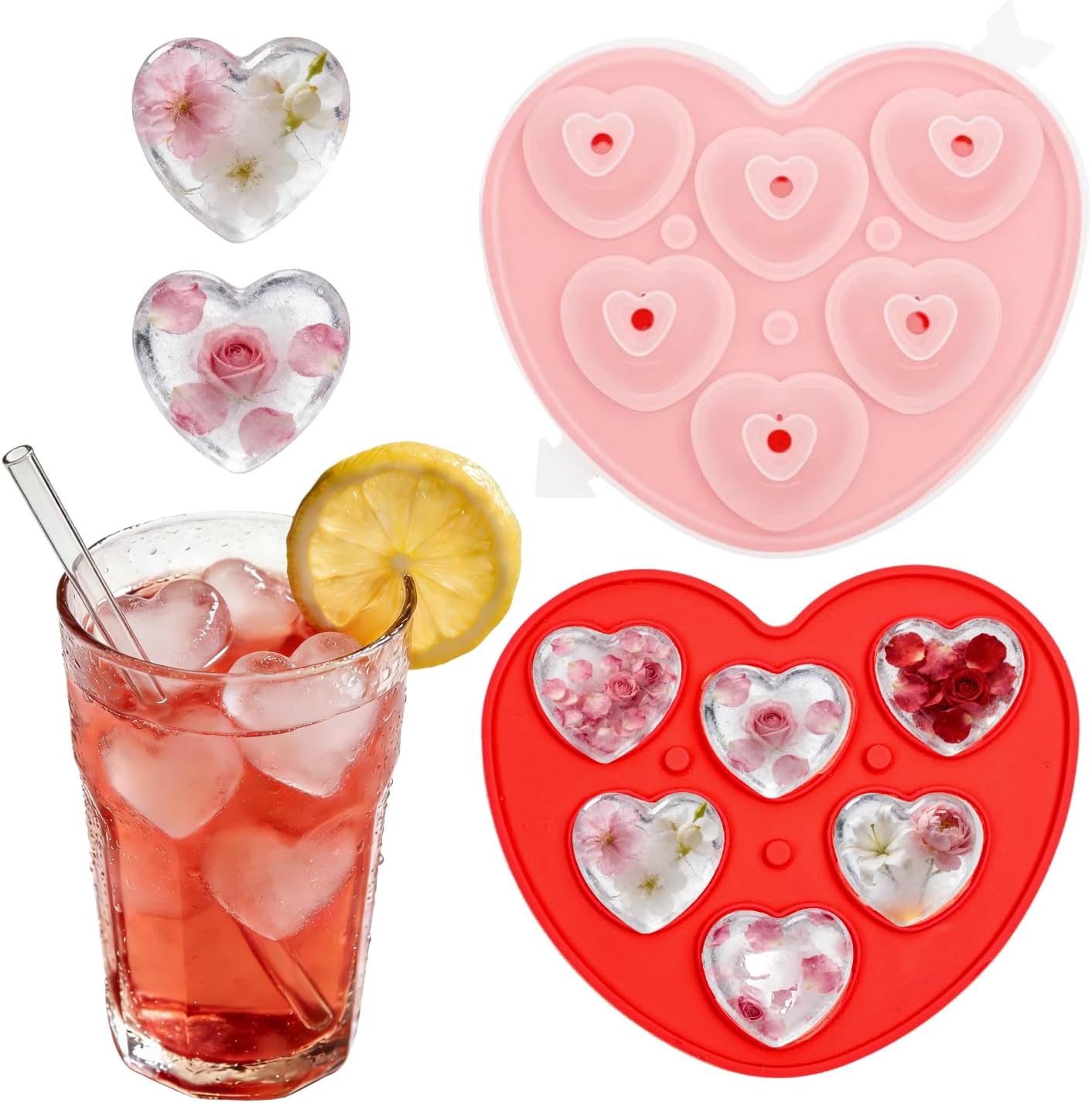 2 Pack Heart-Shaped Ice Cube Trays - 6 Holes Silicone Ice Cube Tray, Love Heart Shape Ice Cube Mold for Chilling Whiskey Cocktails Drinks Beverages Iced Tea & Coffee (red)