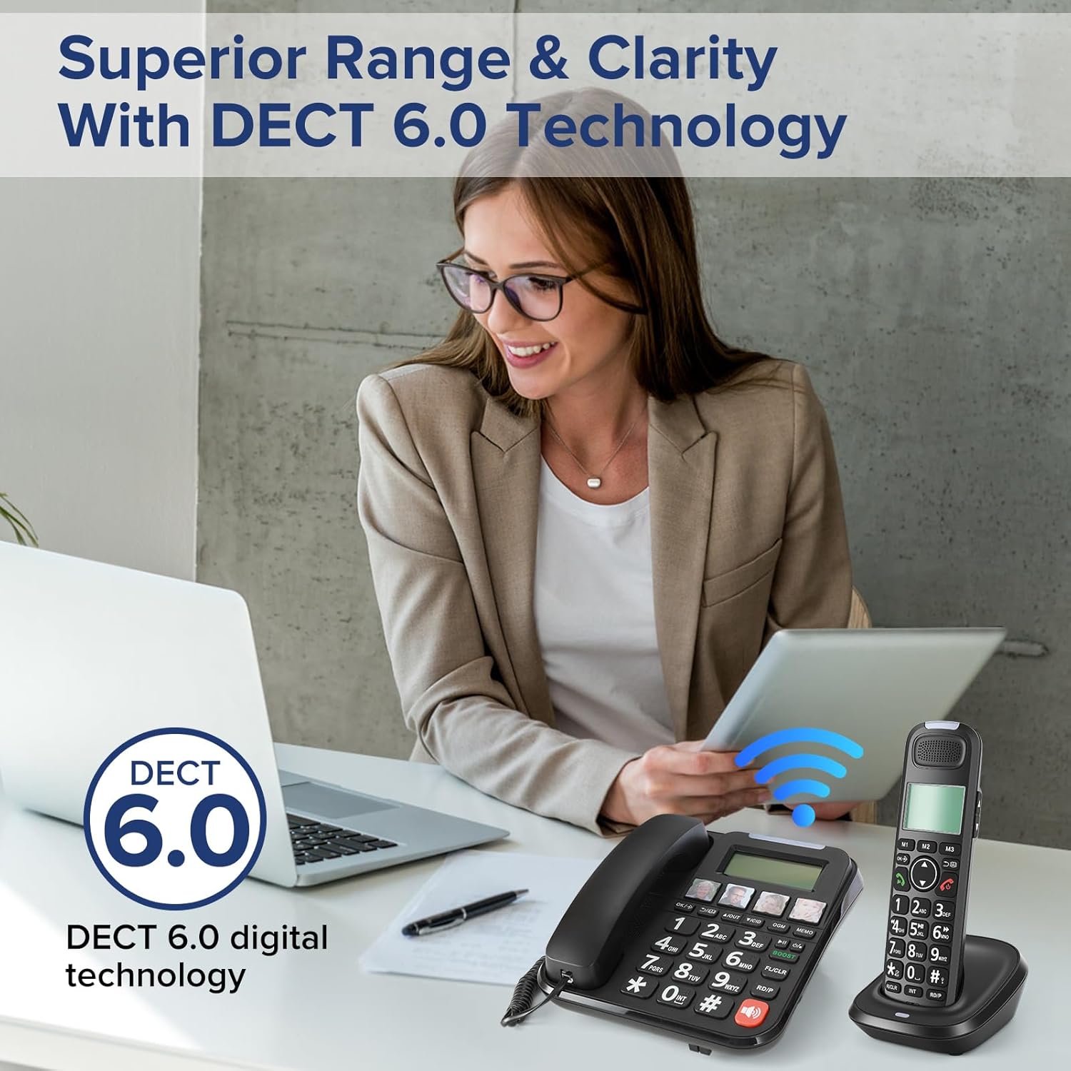 ORNIN D2015 DECT 6.0 Expandable Corded/Cordless Phone System with Answering Machine, Caller ID, Big Buttons, Speakerphone, Audio Assist - Home & Small Business