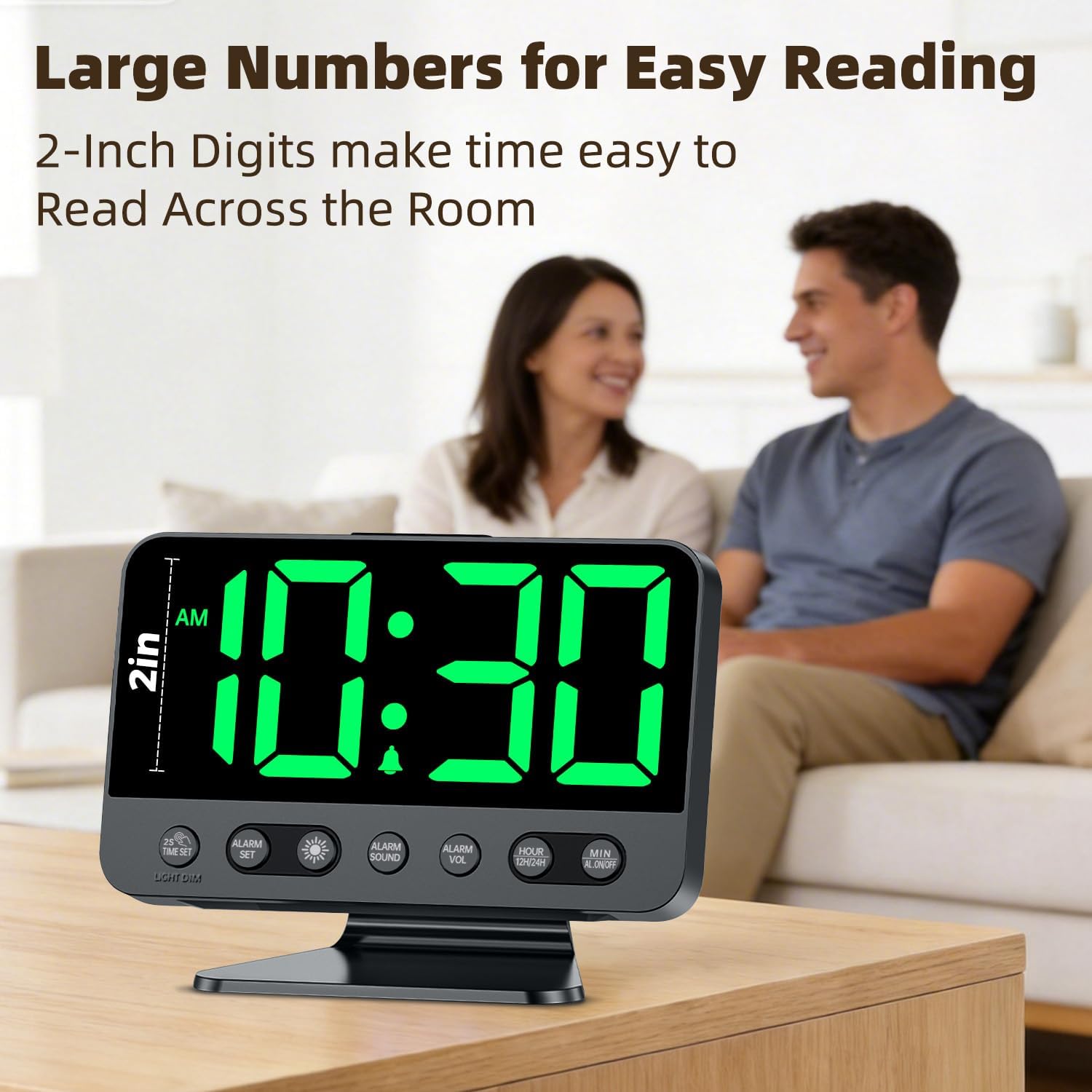 Digital Alarm Clock with Large Numbers for Bedrooms: Bold Display Readable Across The Room with 5 Level Brightness - 5 Alarm Sounds 8 Night Lights for Kids Seniors Teens - Green