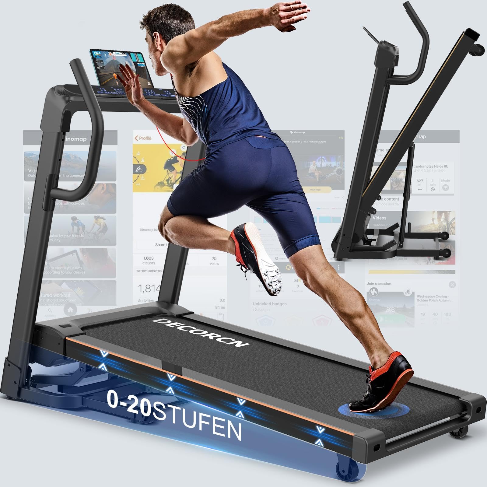 Decorcn Laufband für Zuhause - 4,5 PS, bis 16 km/h. Profi Große Lauffläche Laufband Klappbar, 20 Neigungsstufen Leise Walking Pad mit interaktivem LCD-Display & Bluetooth, bis 150KG