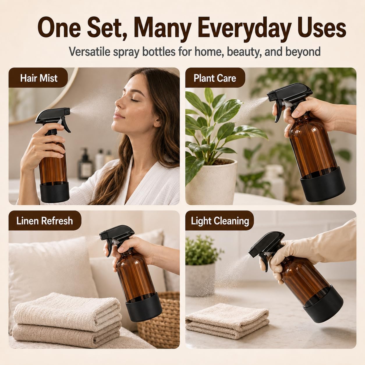Amber Glass Spray Bottles with Protective Silicone Sleeves (Black/16oz)