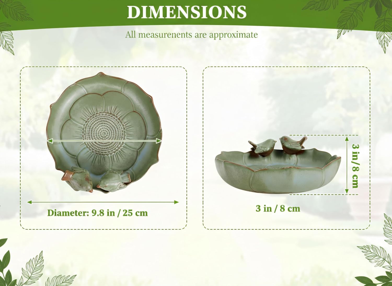 Large Ceramic Bird Bath Bowl Only, 10" Shallow Ground Bird Bath, Handmade Ceramic Birdbath Bowl for Outdoors, Wildlife Water Bowl for Outside, Garden, Tabletop, Balcony and Lawn