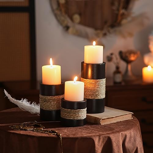 Miniatura 5 de Portavelas de madera, 3 portavelas rústicos para velas de pilar, portavelas decorativos con acento de cuerda natural, portavelas de madera