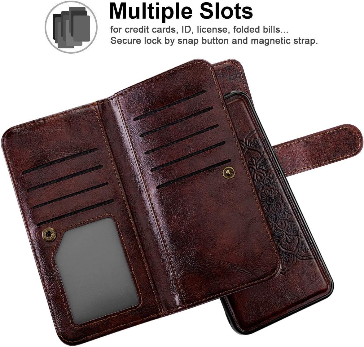 Vofolen 2-in-1 Case for LG Stylo 5 Case Wallet Card Holder Slot Detachable Strap Hybrid Protective Slim Hard Shell Magnetic PU Leather Folio Pocket Flip Cover for LG Stylo 5 5V 5+ Plus Mandala Brown