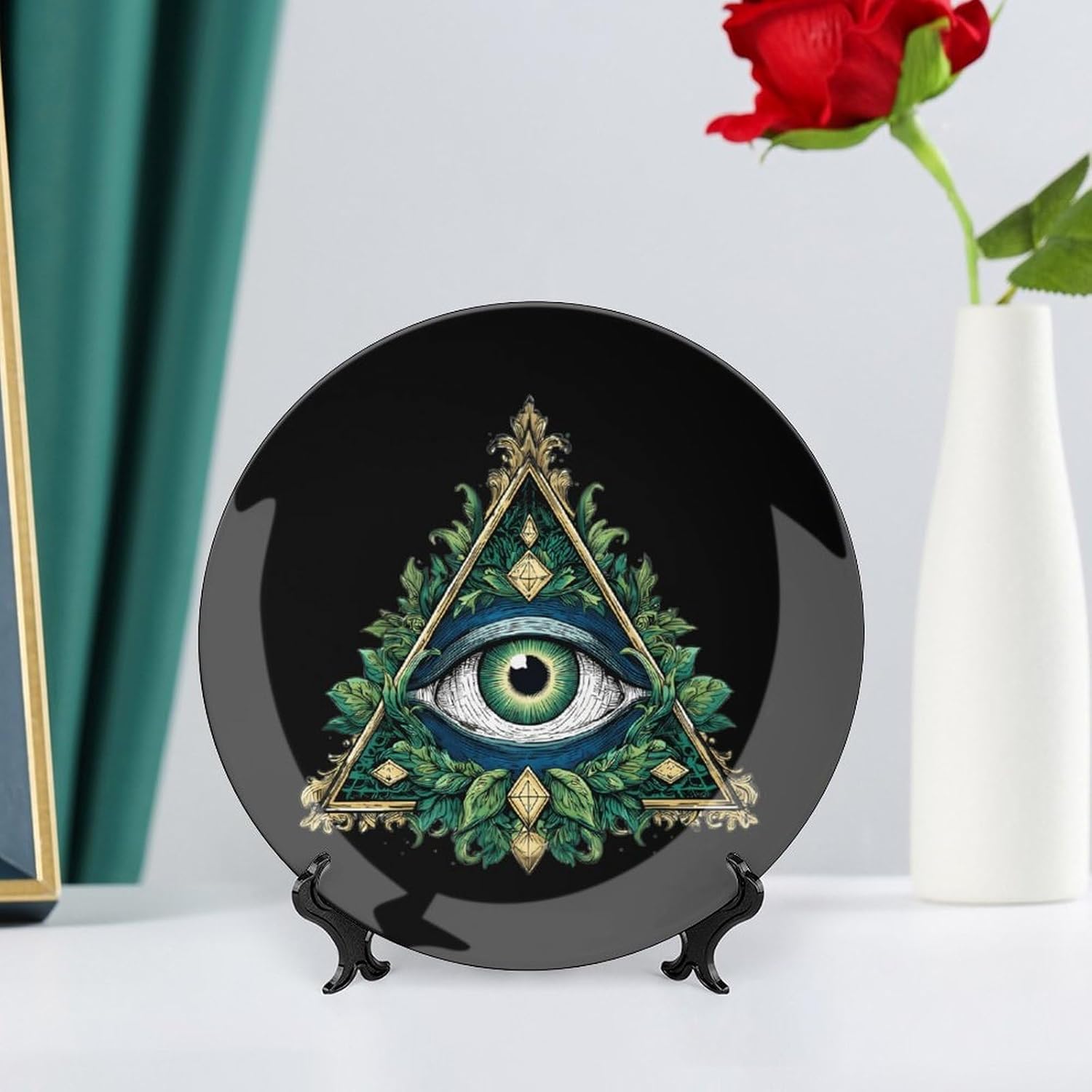 All Seeing Eye Illuminati Masonic Freemason Eye Novelty Decorative Plate with Display Stand Handmade Ceramic Ornament Hanging Wall Decor for Home Office Foyer