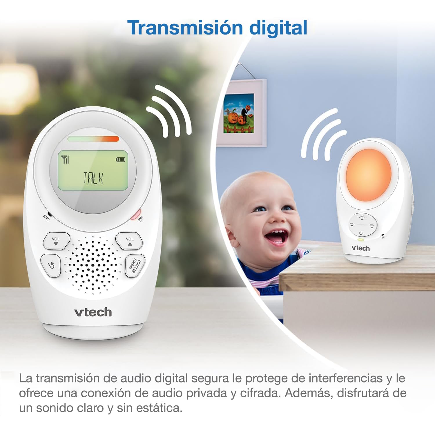 VTech BM1211 Monitor de Audio para Bebé, Transmisión de Sonido Clara y Segura, Largo Alcance, Control de Volumen de 5 Niveles, Luz Nocturna, Función de Hablar con el Bebé, Pinza para Cinturón