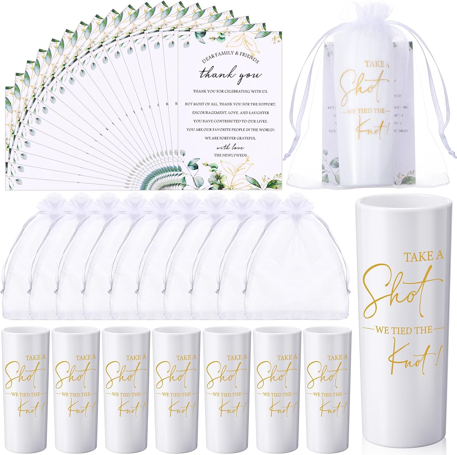 Sliner 50 Set Wedding Favors for Guests Bulk 2oz Acrylic Take a Shot We Tied the Knot Shot Glasses with Thank You Cards Organza Bags for Guest Souvenir Wedding Bridal Shower Gifts (White,Gold)