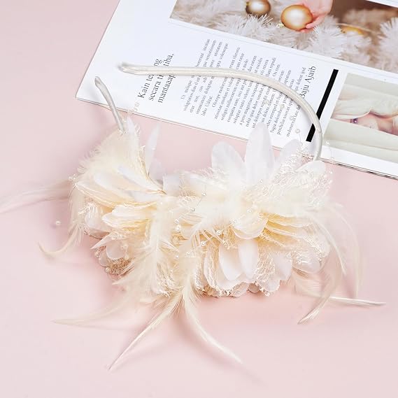 Pistha Womens Fascinators Hats Tea Party Hats for Women, Feather Pearl Veil Headband for Wedding Cocktail Dresses Accessories