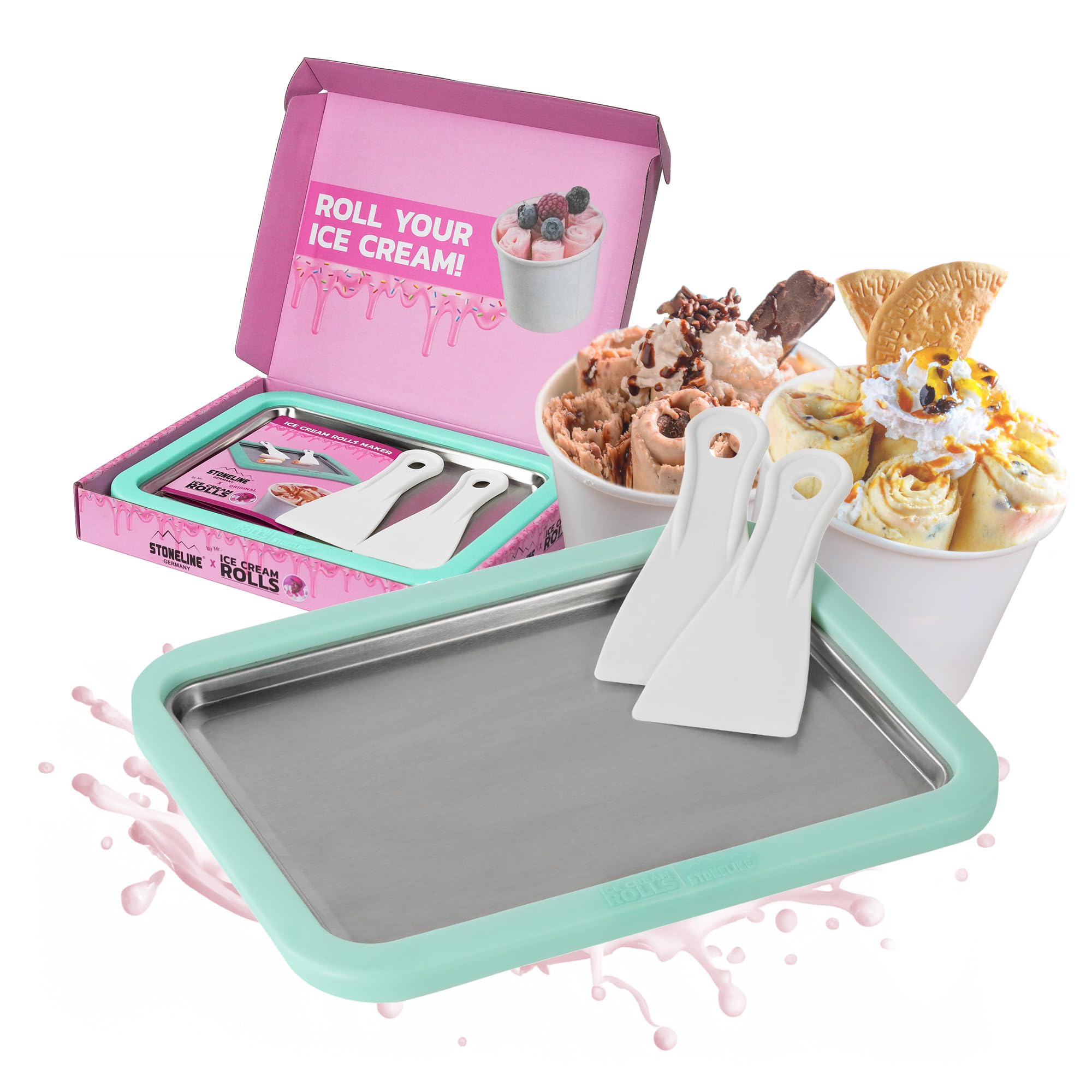 STONELINE by Mr. Ice Cream Rolls ORIGINALE Piastra di Gelato Istantaneo 26x21x3,5 cm con 2 Spatole, Macchina per Gelato Arrotolato