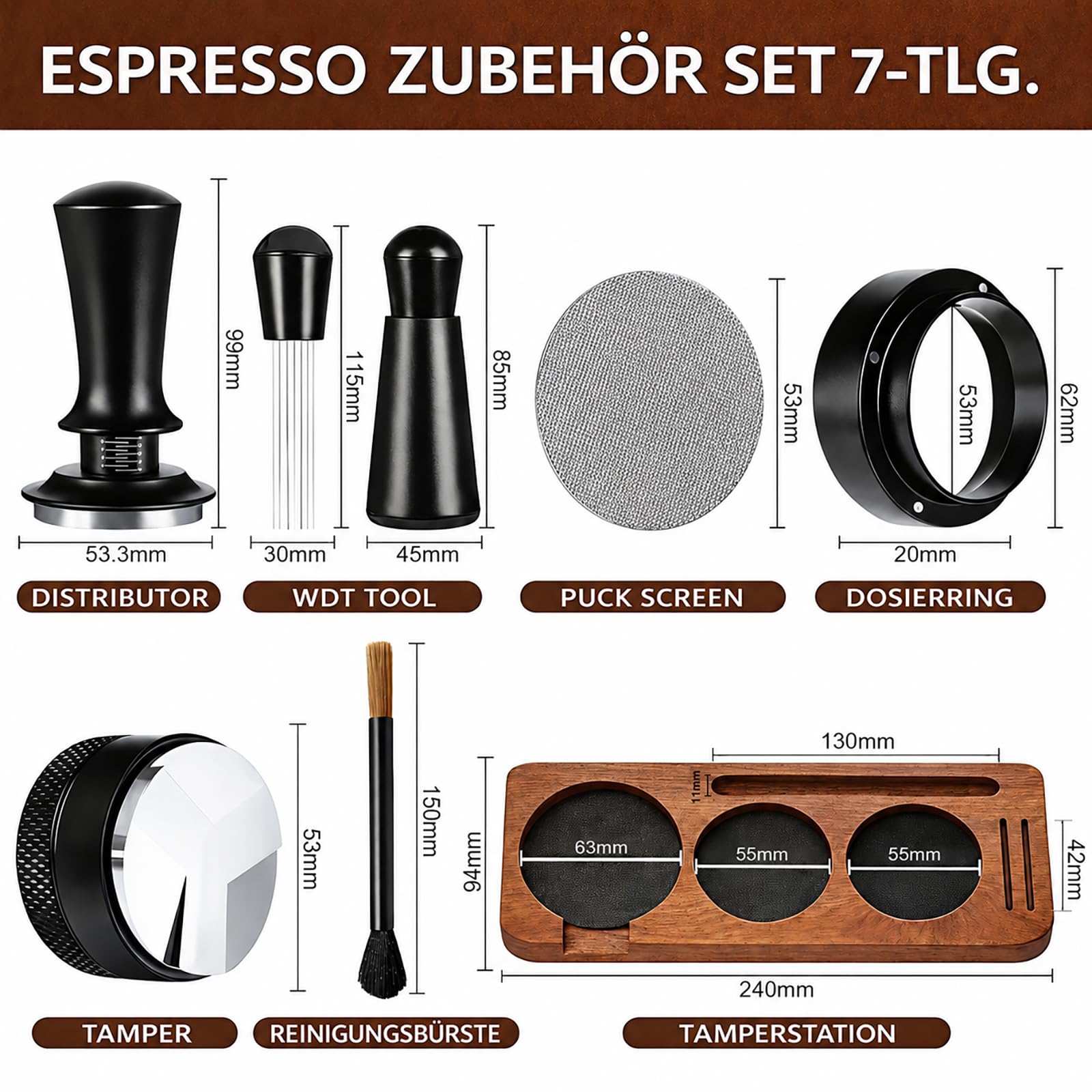 54 mm Espresso Zubehör Set 7-teilig – Barista Zubehör & Tamper Set mit Tamperstation aus Sapeleholz, Tamper, Kaffee Distributor, WDT Tool, Dosierring & Puck Screen für Sage/Breville Siebträger