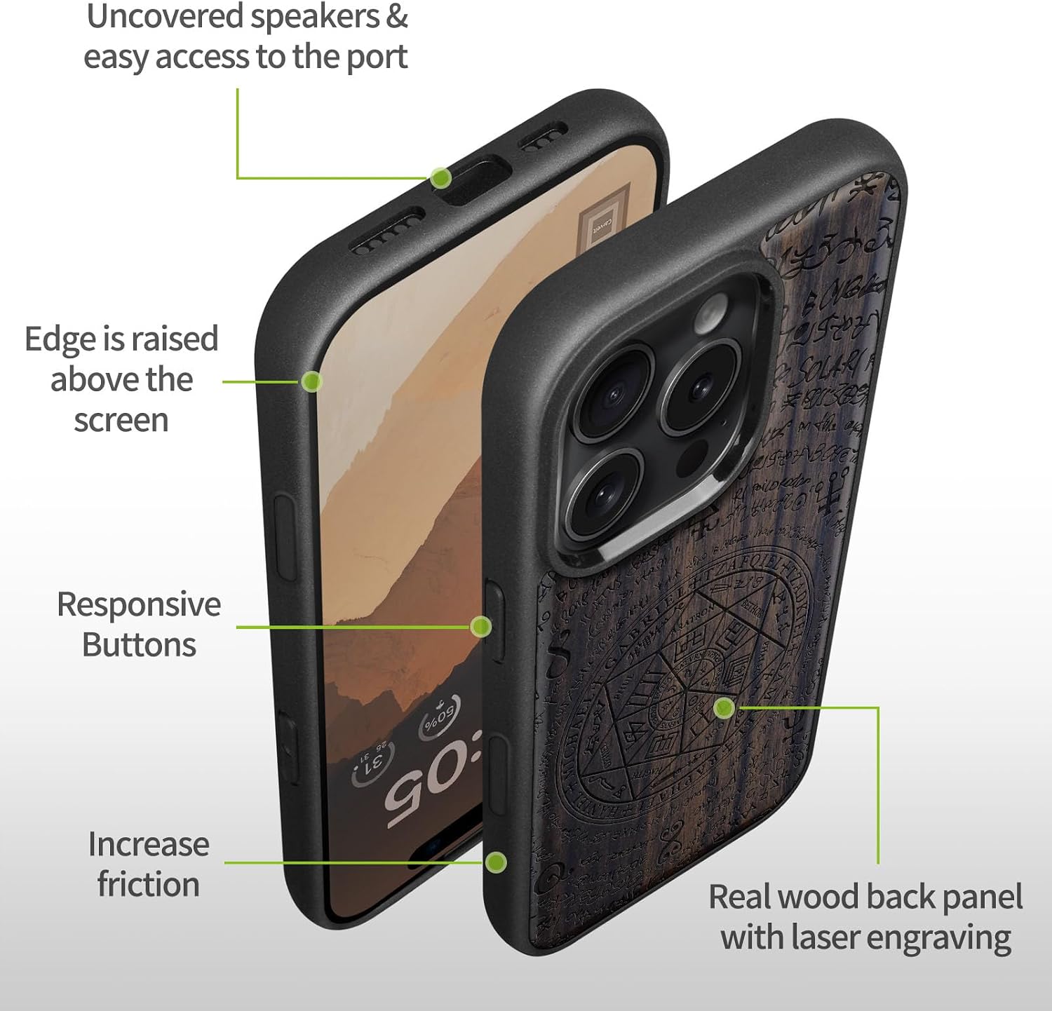 Carveit Magnetic Wooden Case for iPhone 16 Pro Max Case, Wood Artisan Engraved & Black Soft TPU Shockproof Cover, Compatible with MagSafe Wireless Chargers (Rchangel Solomon's Seals) Blackwood