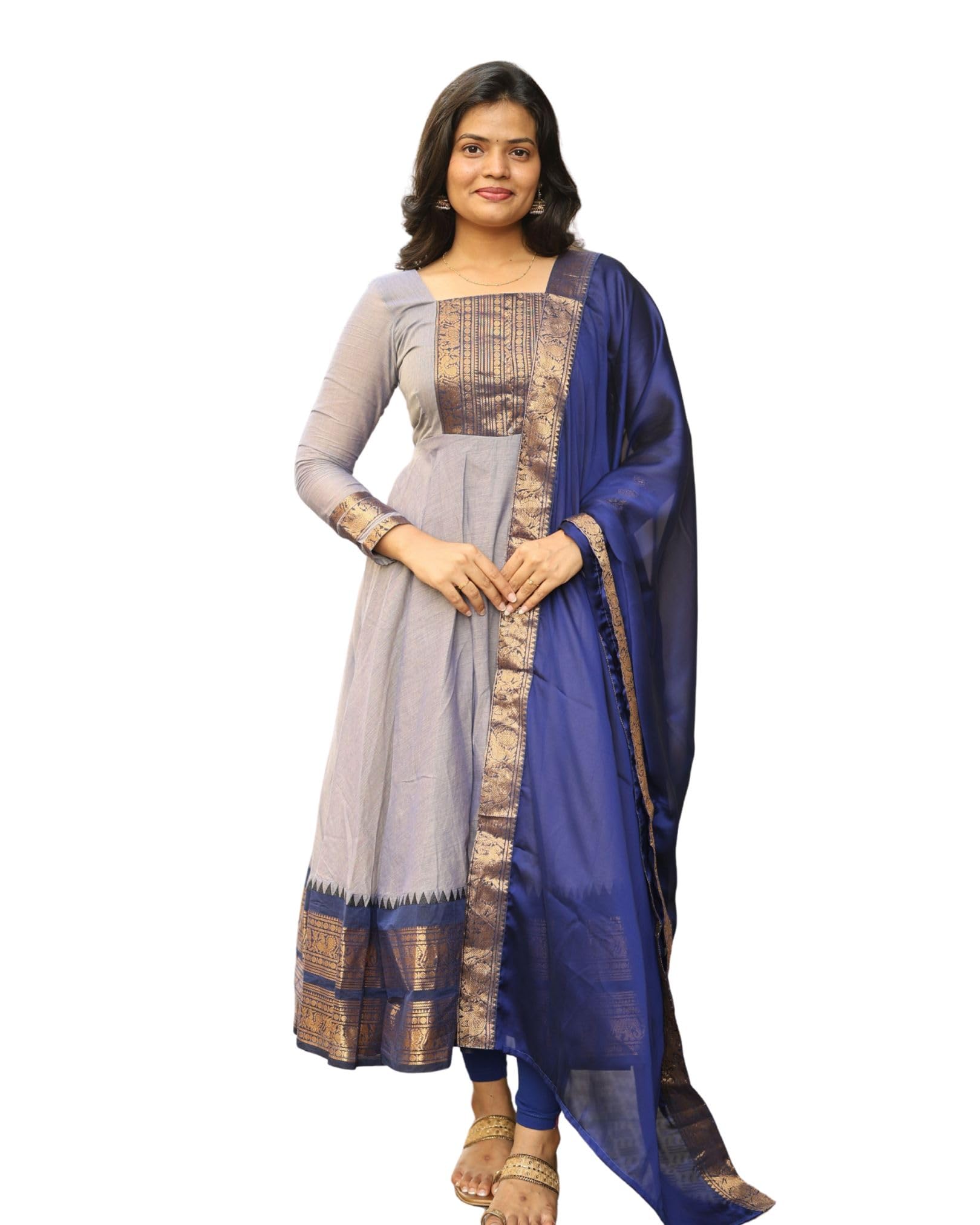 Womens Vichitra Silk Anarkali Gown with Chanderi Dupatta, Jacquard Zari Weaving Border, Full Sleeve Flared Ethnic Dress Suit Parties Black-picture-55