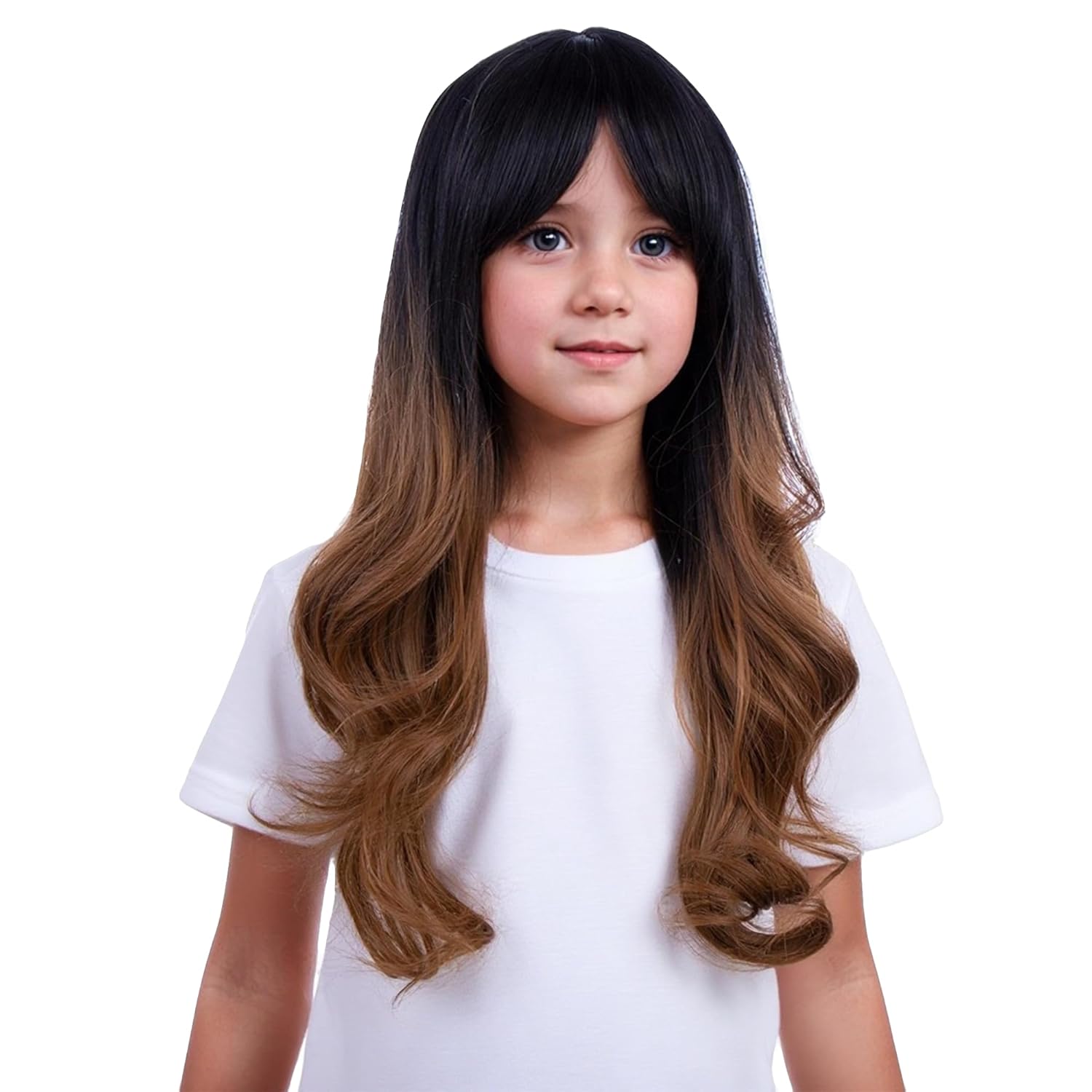 Kids Black Ombre Blonde Wigs Long Wavy Dark Root Wig with Bangs for Girls Black to Blonde Wig Child Synthetic Wigs for Daily Party Halloween Use - Image 2