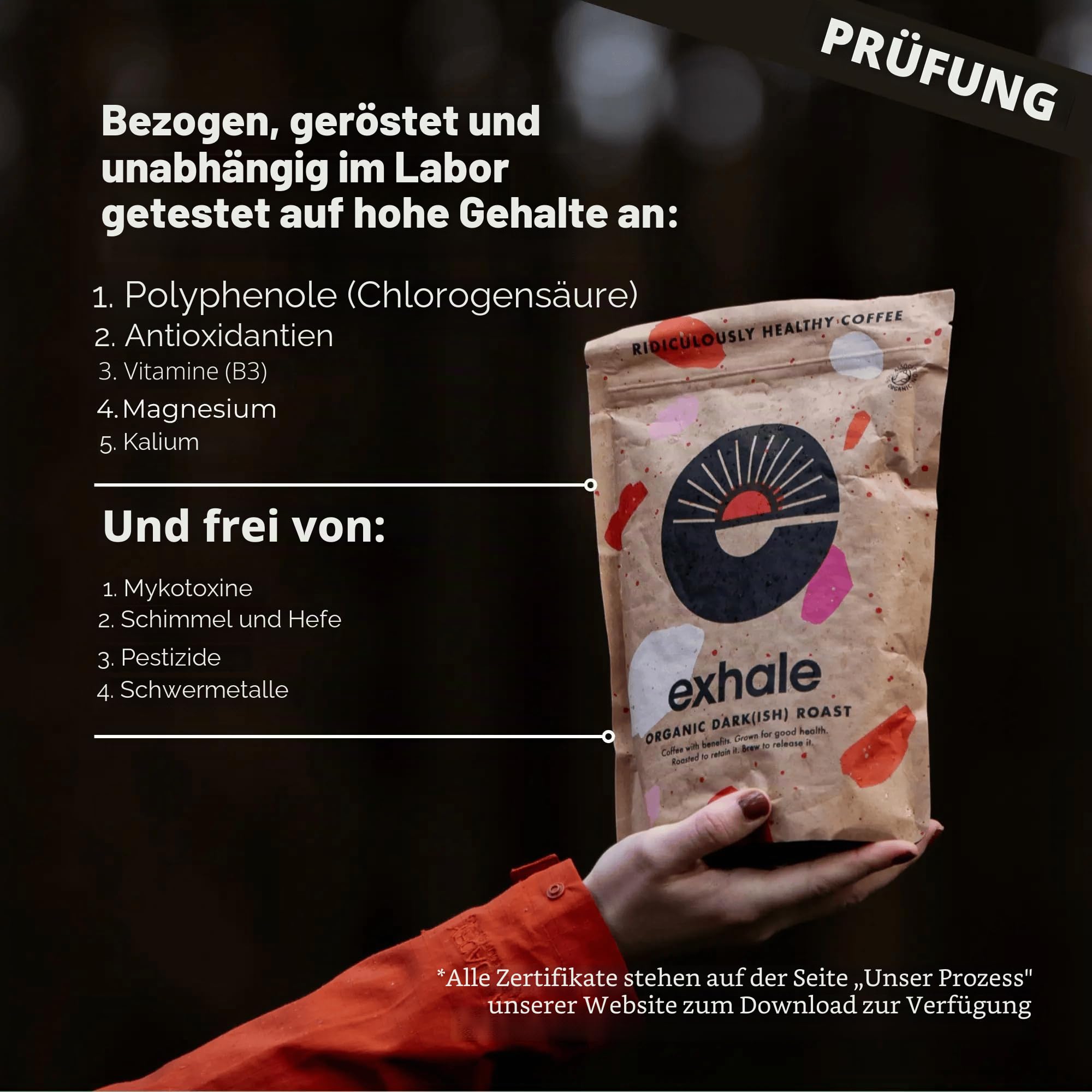 EXHALE Bio Kaffee Gemahlen (450g), 100% Arabica, Mykotoxinfrei & Polyphenolreich Für Mokka, Filterkaffee & AeroPress (Dunkle Röstung)