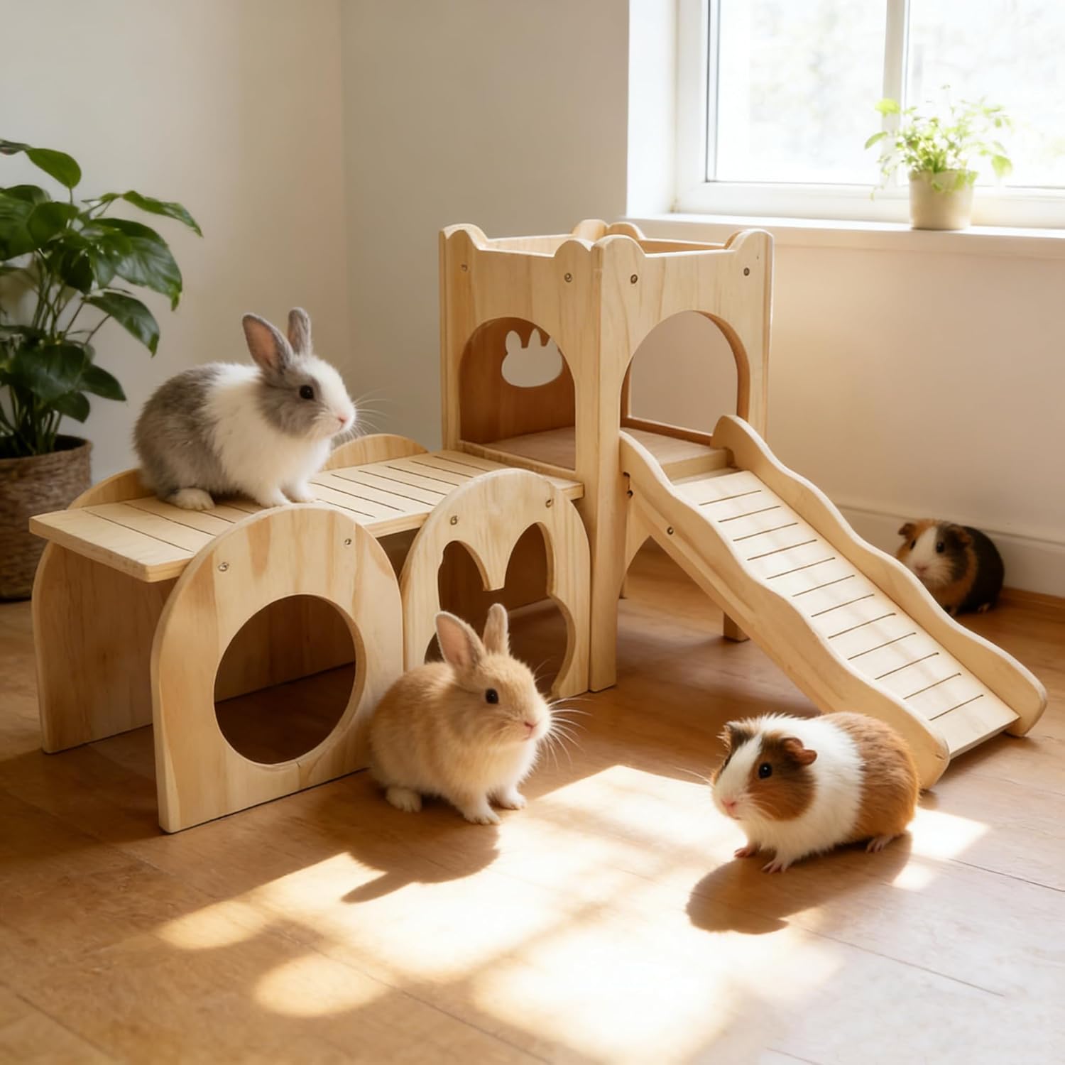 Large Rabbit Hideout Thicken Hard Wooden Bunny House Castle Climbing Tower Detachable Playhouse Ventilated Guinea Pig Wooden Hideout for Hamster Chinchilla (Set of 3)