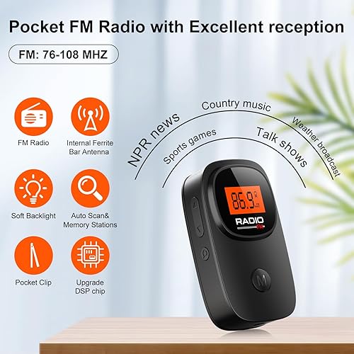Miniatura 2 de Mini radio FM portátil de bolsillo con clip, con excelente recepción, pantalla LCD transparente, estación preestablecida, radio digital con pilas