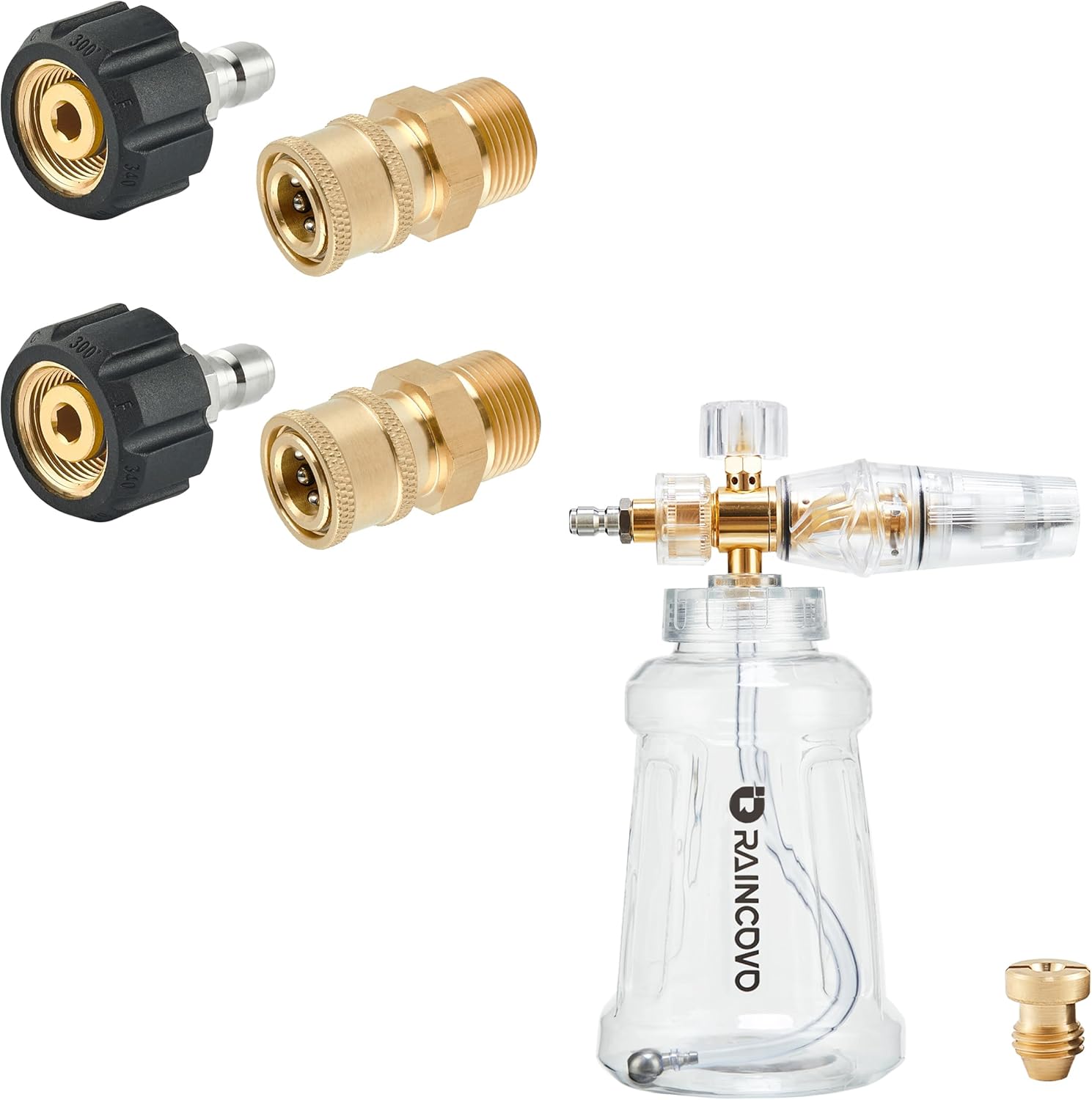 Raincovo Pressure Washer Quick Connect Fittings, M22 14mm to 1/4 Inch Quick Connect, Foam Cannon for Pressure Washer, Stainless Steel Filter, Additional 1.1 mm Orifice Nozzle