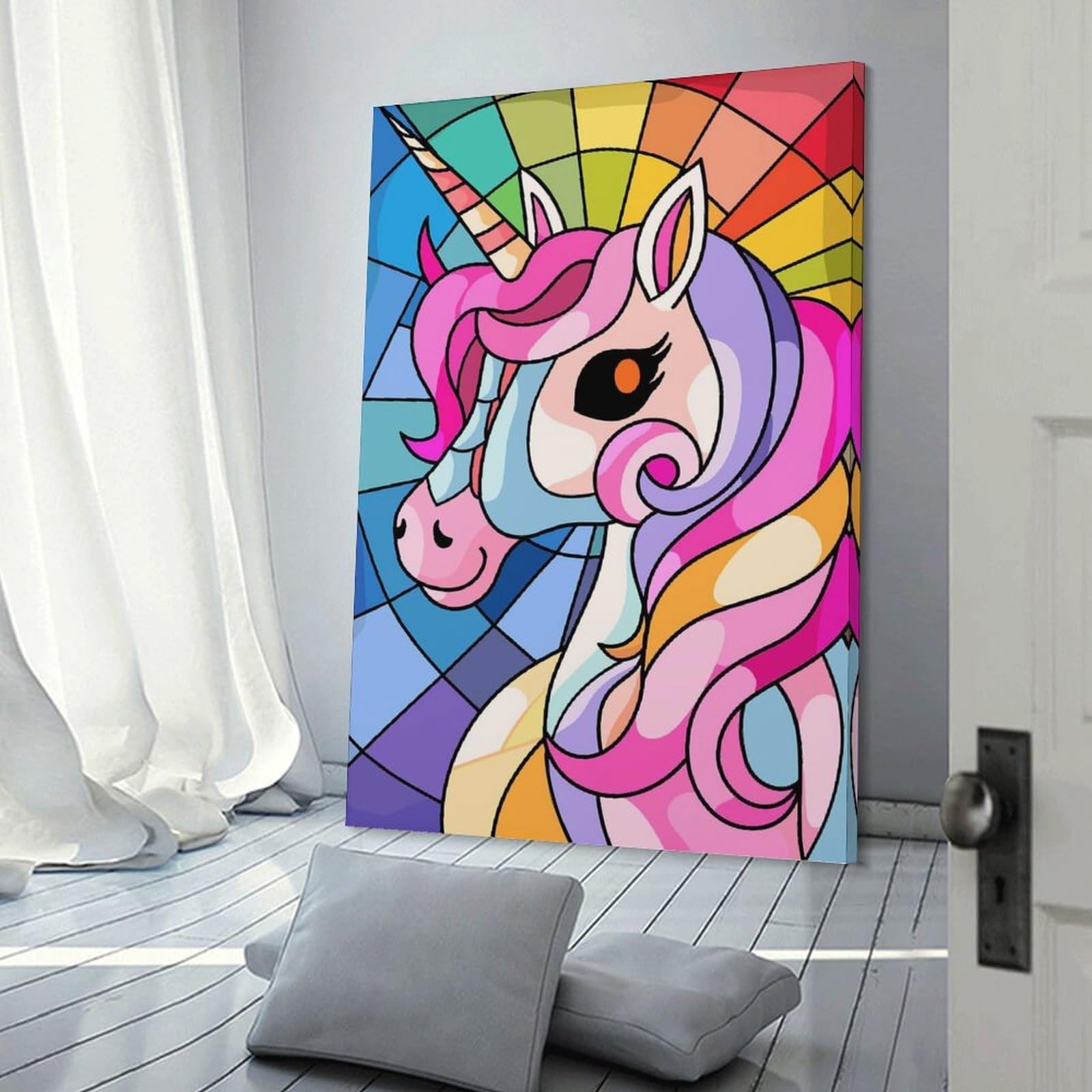 Junmoney Stained Glass Unicorn Portrait Hanging Wall Art 08x12inch(20x30cm), for Restful Interiors, Bedrooms Or Small Rooms, Home Artwork with A Soft Interior Feel