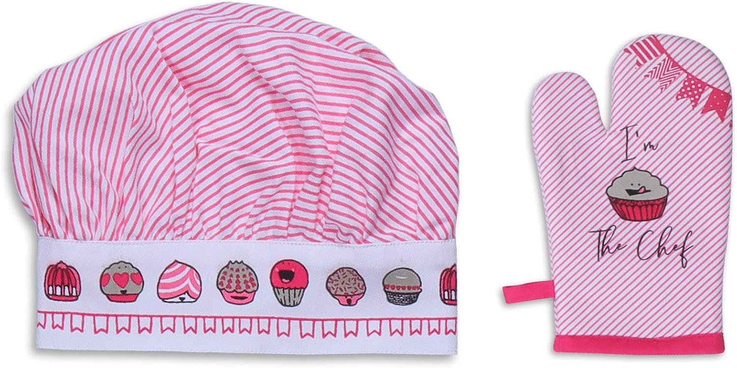 Apron and Hat Set, 3 Pcs- Adjustable Kitchen Apron Oven Mitts Set