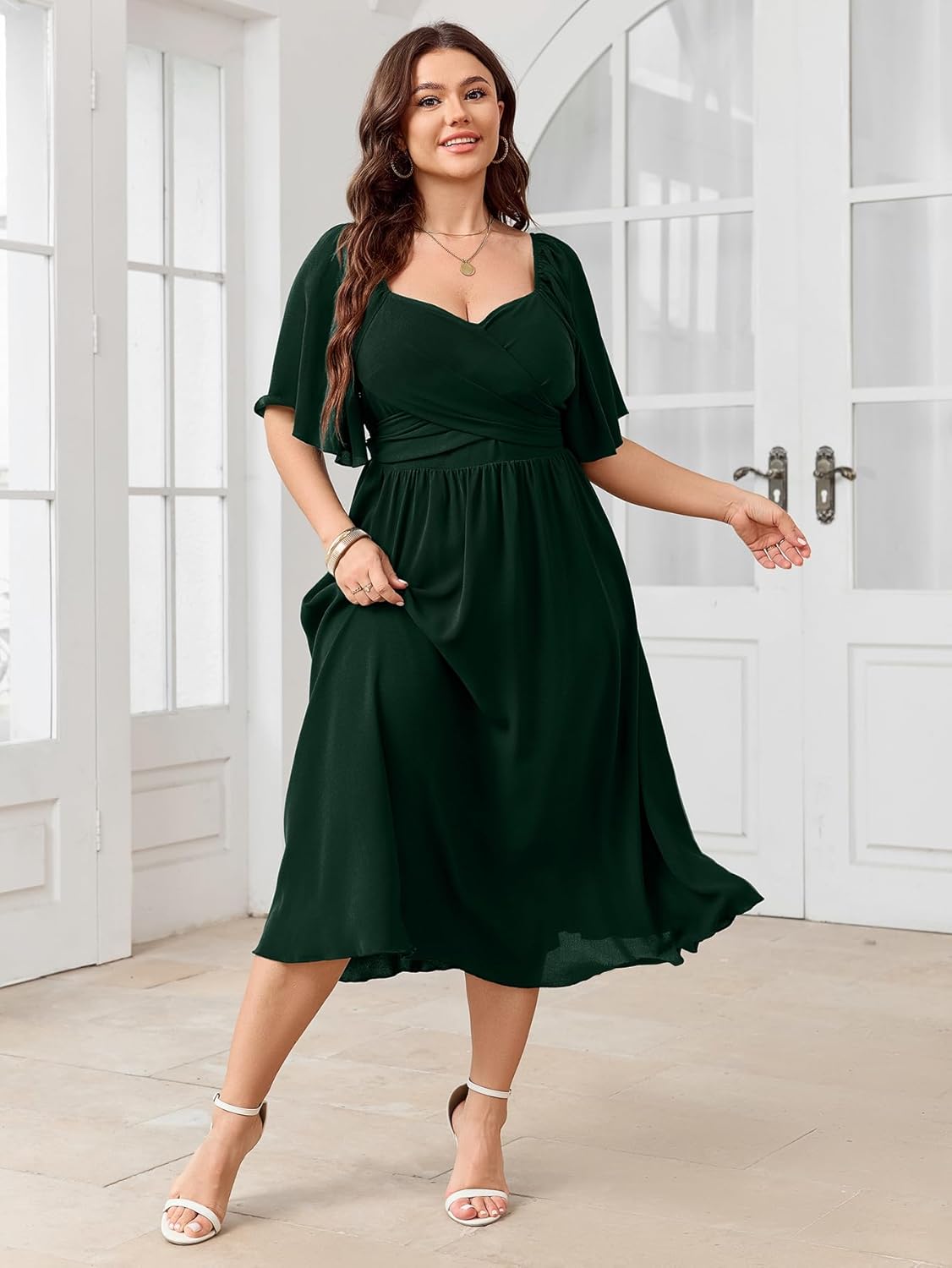 Women's Plus Size Midi Dress Sweetheart Neck Short Sleeve Wedding Guest Cocktail A Line Flowy Dress - Image 5