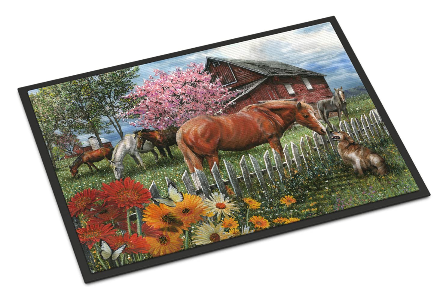 Caroline's Treasures PTW2020MAT Horses Chatting with The Neighbors Doormat 18x27 Front Door Mat Indoor Outdoor Rugs for Entryway, Non Slip Washable Low Pile, 18H X 27W