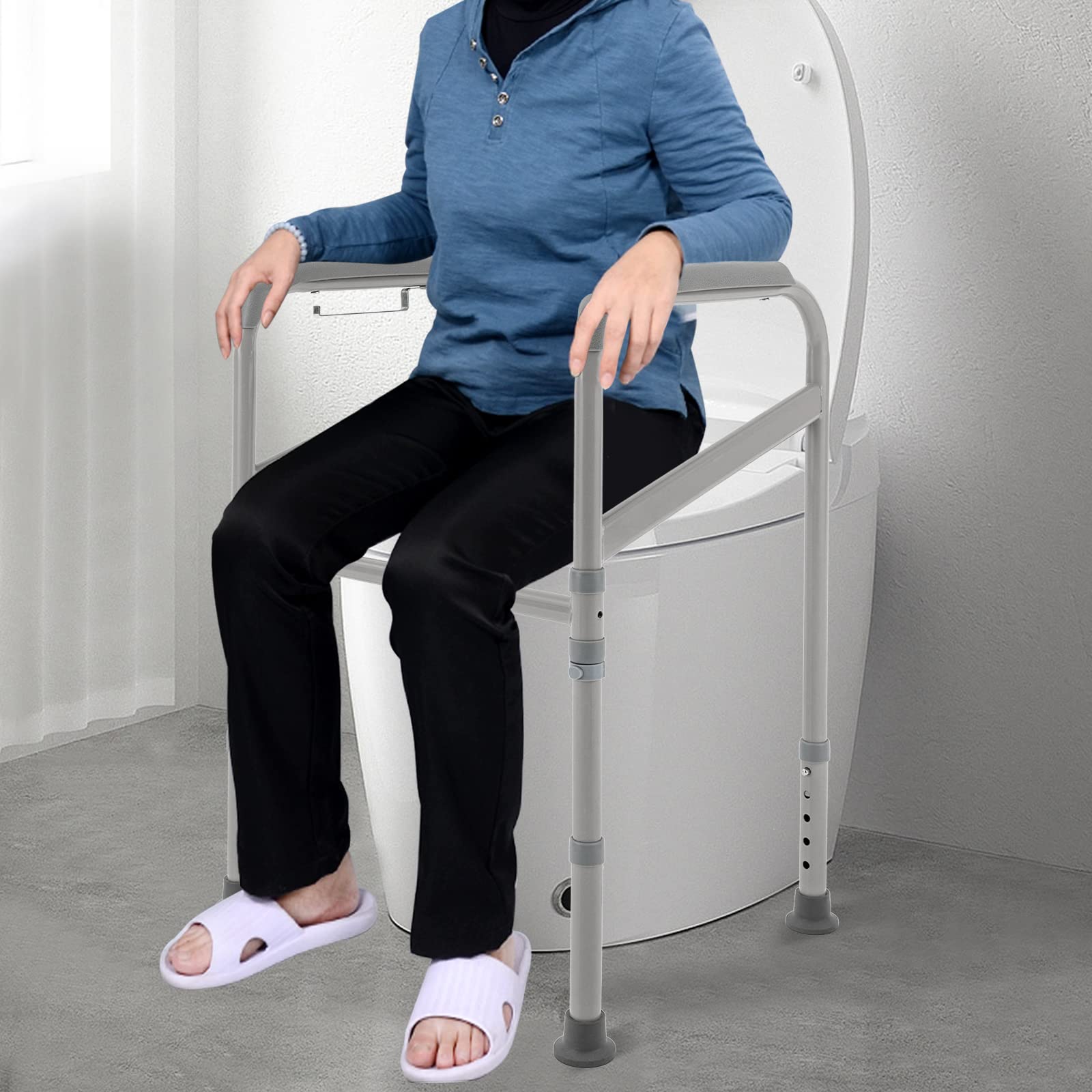 Pomoc przy wstawaniu toalety, regulowana wysokość, stelaż podporowy do WC z antypoślizgowymi poręczami, obciążenie do 200 kg, stelaż do toalety dla seniorów, kobiet w ciąży