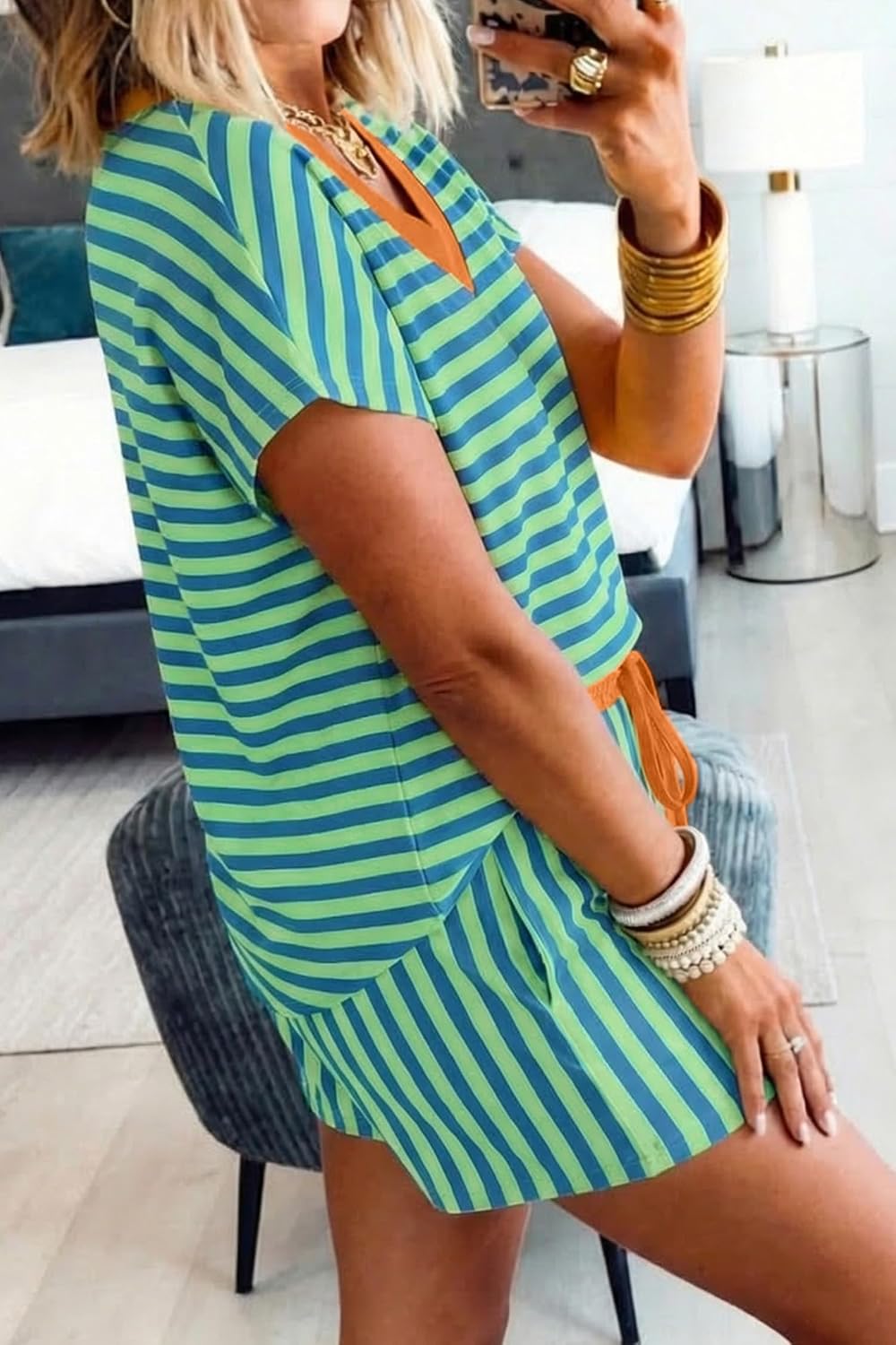 Ecosunny Womens 2 Piece Lounge Sets Matching Sets Stripe Colorblock Trim V Neck Tee Drawstring Elastic Waist Short Sweatsuit