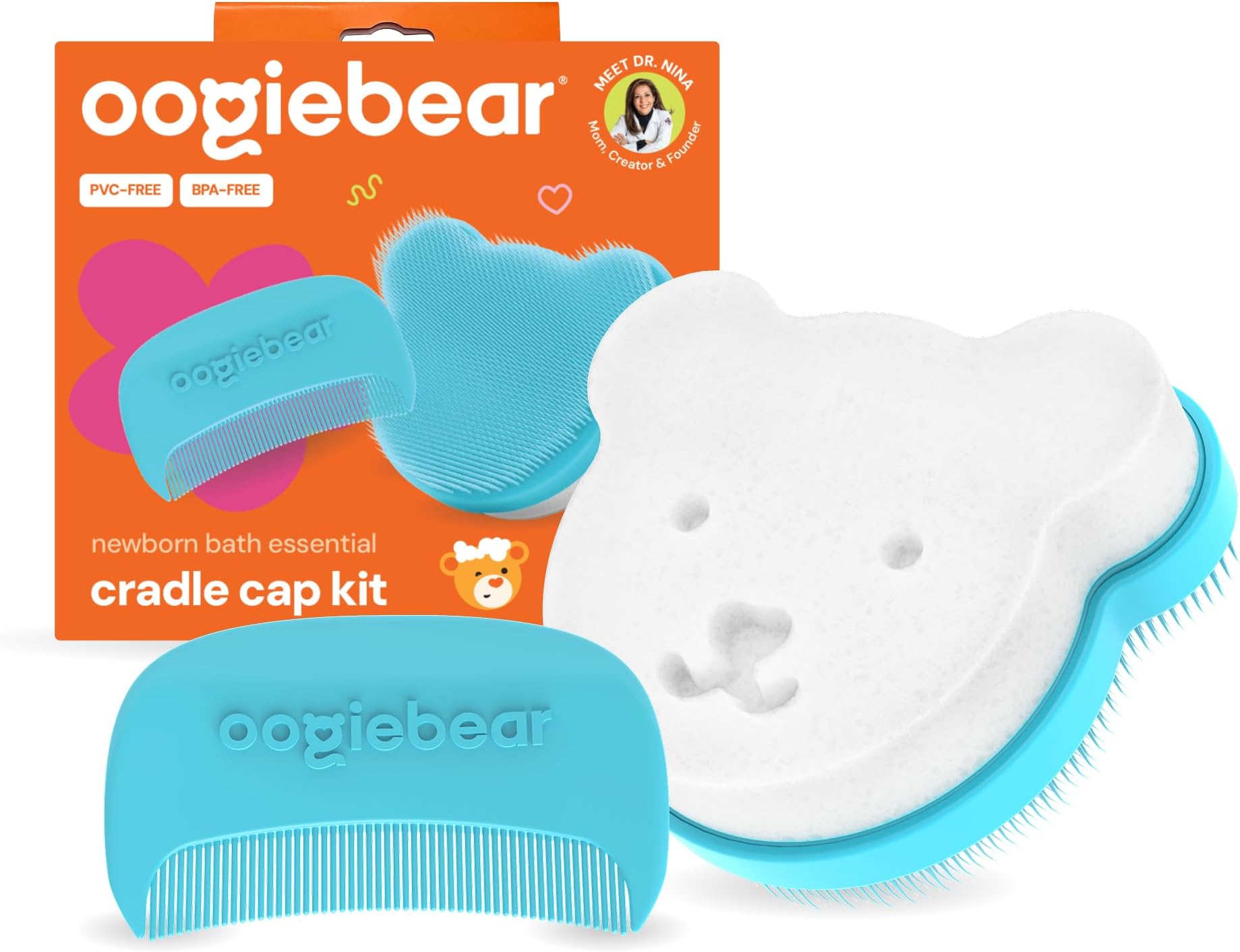 oogiebear Cradle Cap Brush Kit for Babies – Gentle and Safe Scalp Massage Care with Sponge, Brush, and Comb for Newborns and Babies
