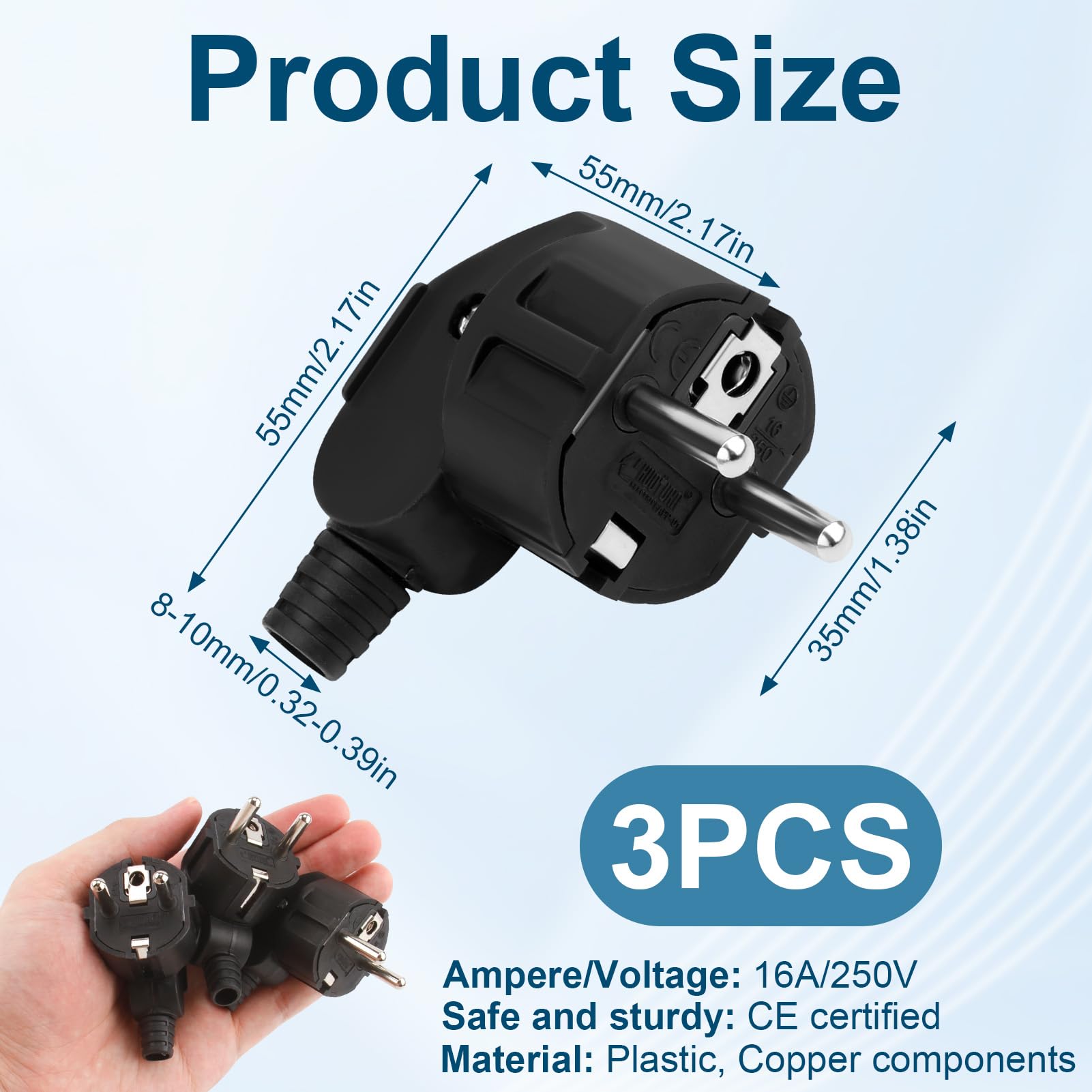 3PCS Spina Schuko Angolare, Spina Di Alimentazione Con Beccuccio Antipiega, 250V 16A con Beccuccio Antipiega, Presa Di Corrente Ip20 Con Contatto Di Protezione per Uso Interno Ed Esterno