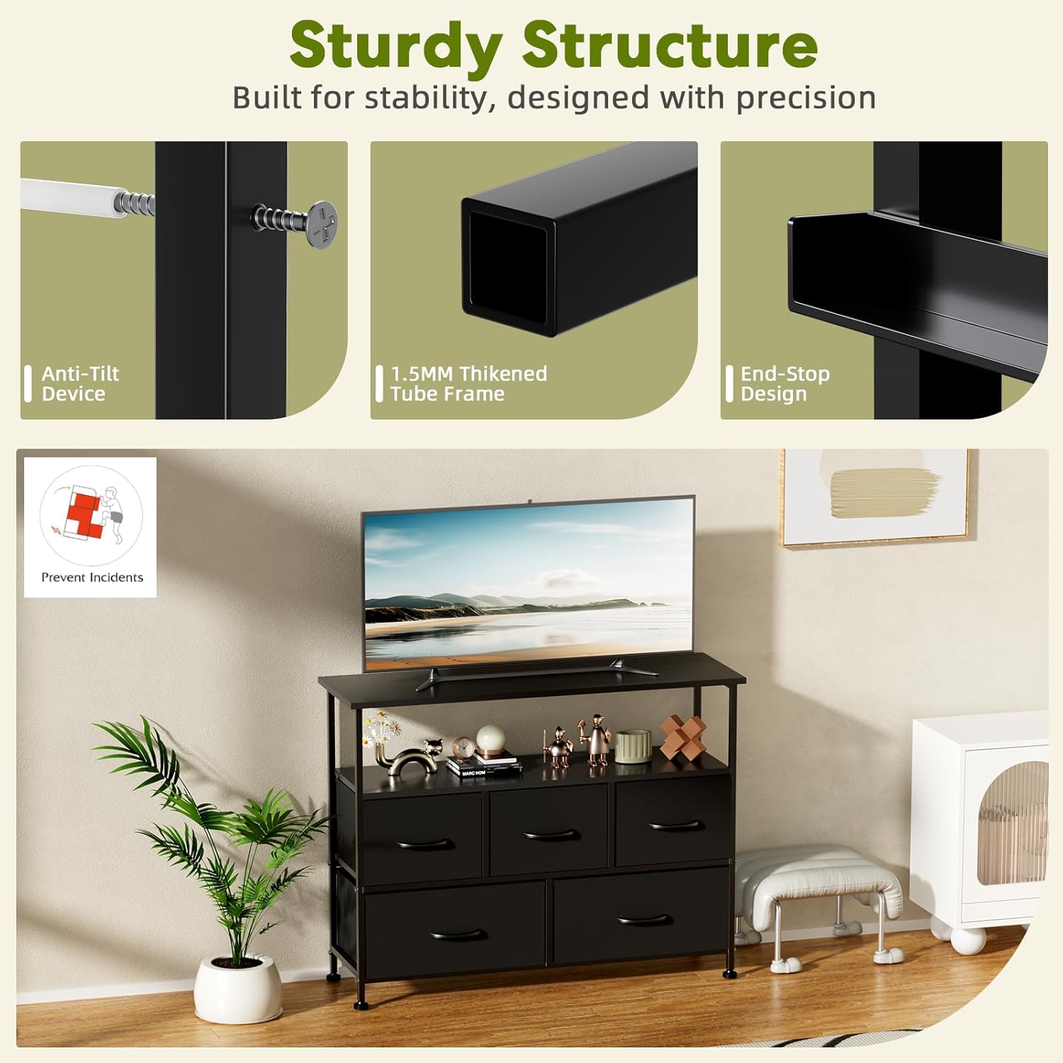 Simple Deluxe TV Stand Dresser for Bedroom Entertainment Center with 5 Fabric Drawers, Storage Organizers Units for Living Room, Media Console Table with Open Shelf up for 45" TV, Black, Wood top
