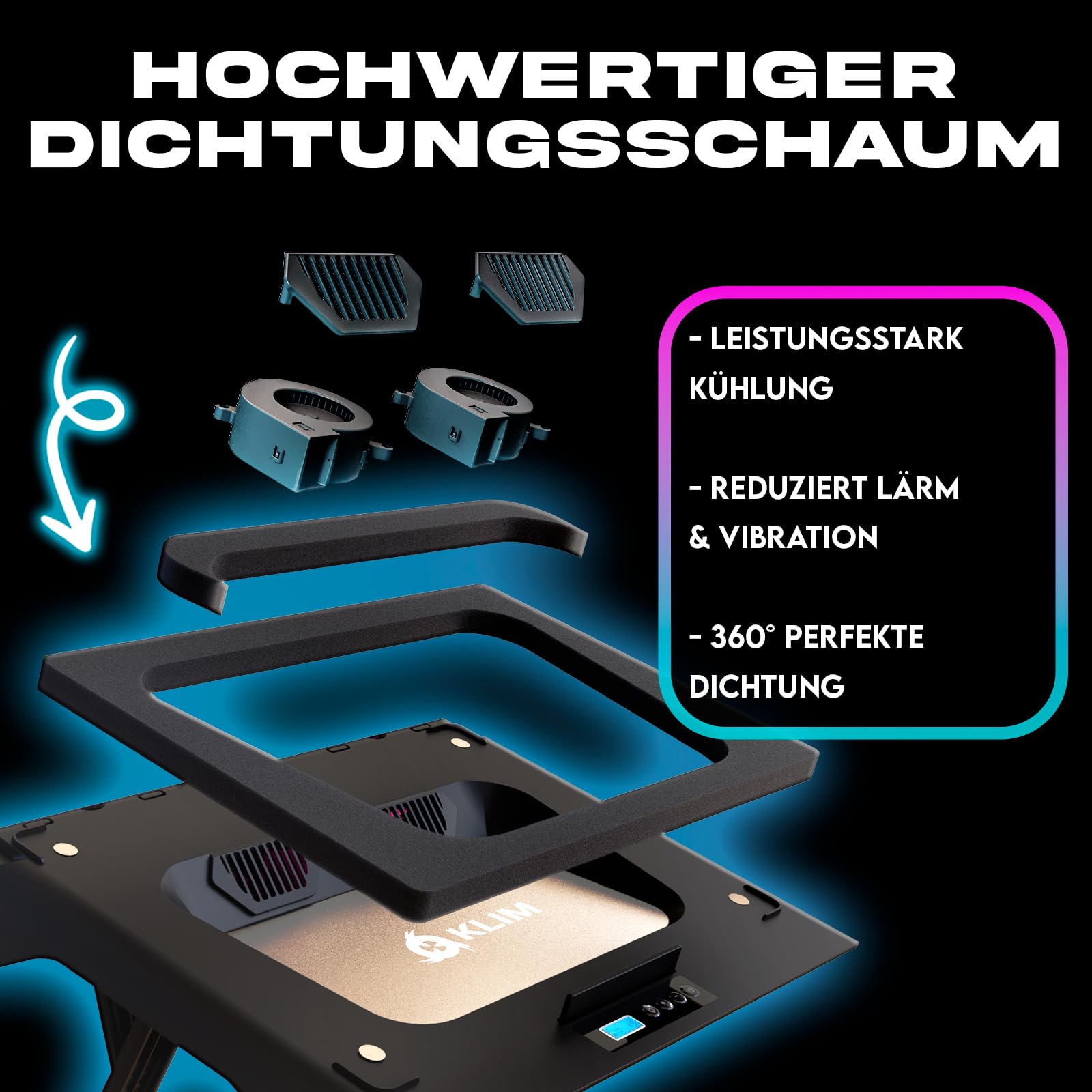 KLIM Everest Plus Gaming Laptop Kühler - Cooling Pad 6300 RPM Turbo-Lüfter | Starker DC-Laptop-Kühler mit Turbo-Lüftern, RGB-Beleuchtung, Schaumstoff-Dichtung - kühlt schnell. Für Laptops 11-17,3 Zoll.