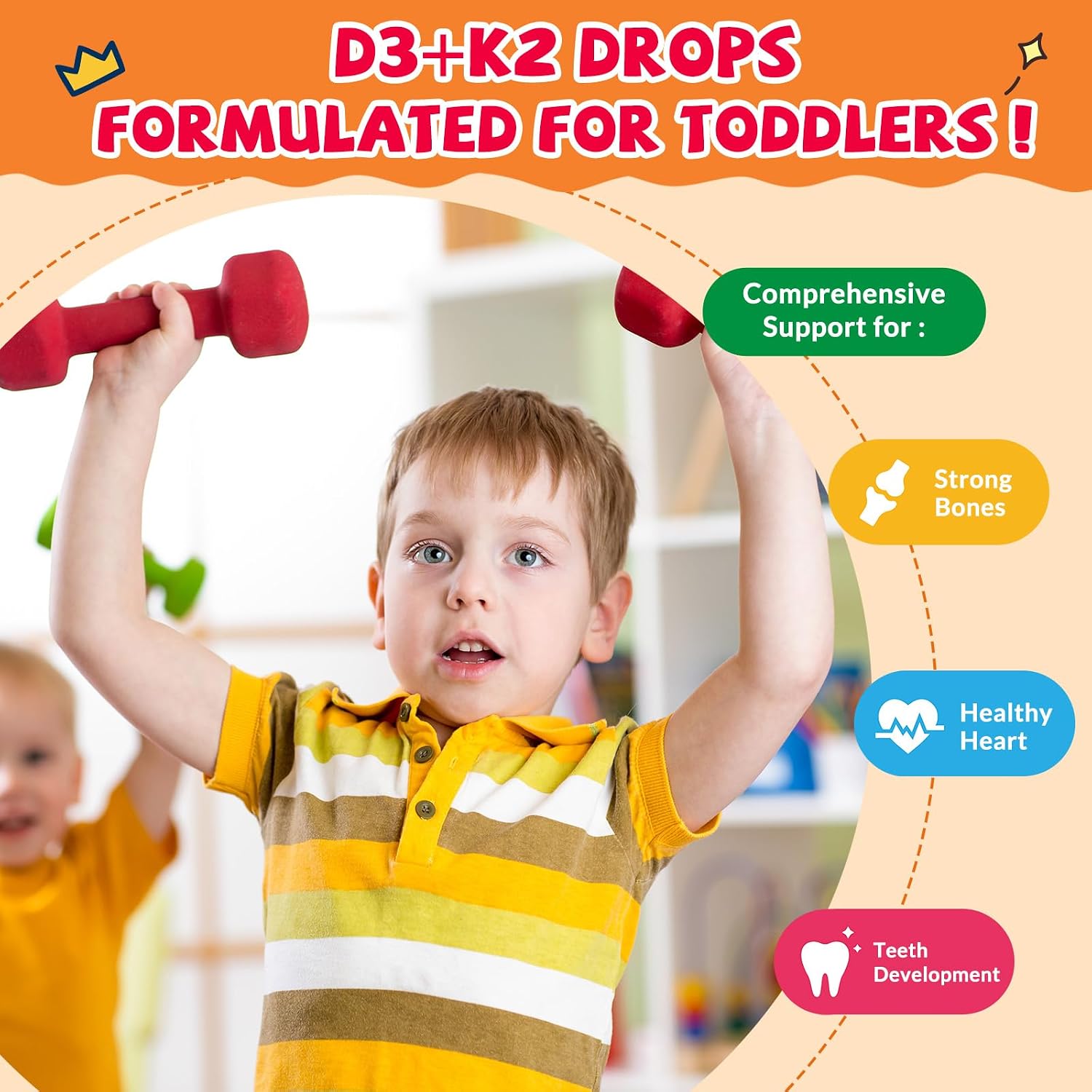 2 Pack Kids Vitamin D3 K2 Drops - K2 D3 Vitamin Supplement 1000 IU with Omega 3, Support Bone, Mood, Teeth & Immune - Vitamin D3 K2 (MK-7) Liquid Drops for Adults & Kids, Sugar Free Strawberry Flavor