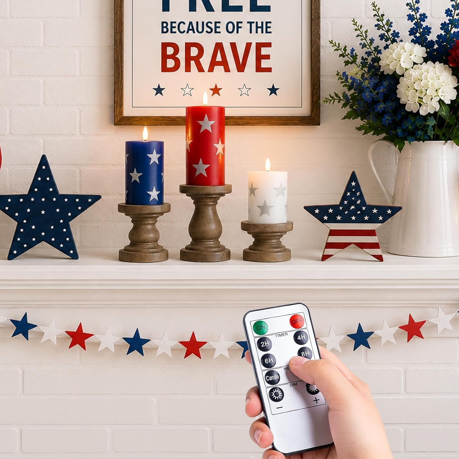 USA 250th Anniversary Merchandise, 4th of July Decorations Patriotic Candles Red White Blue Flameless Candle with Remote & Timer, Battery Operated Pillar Candles for American Independence Day Decor