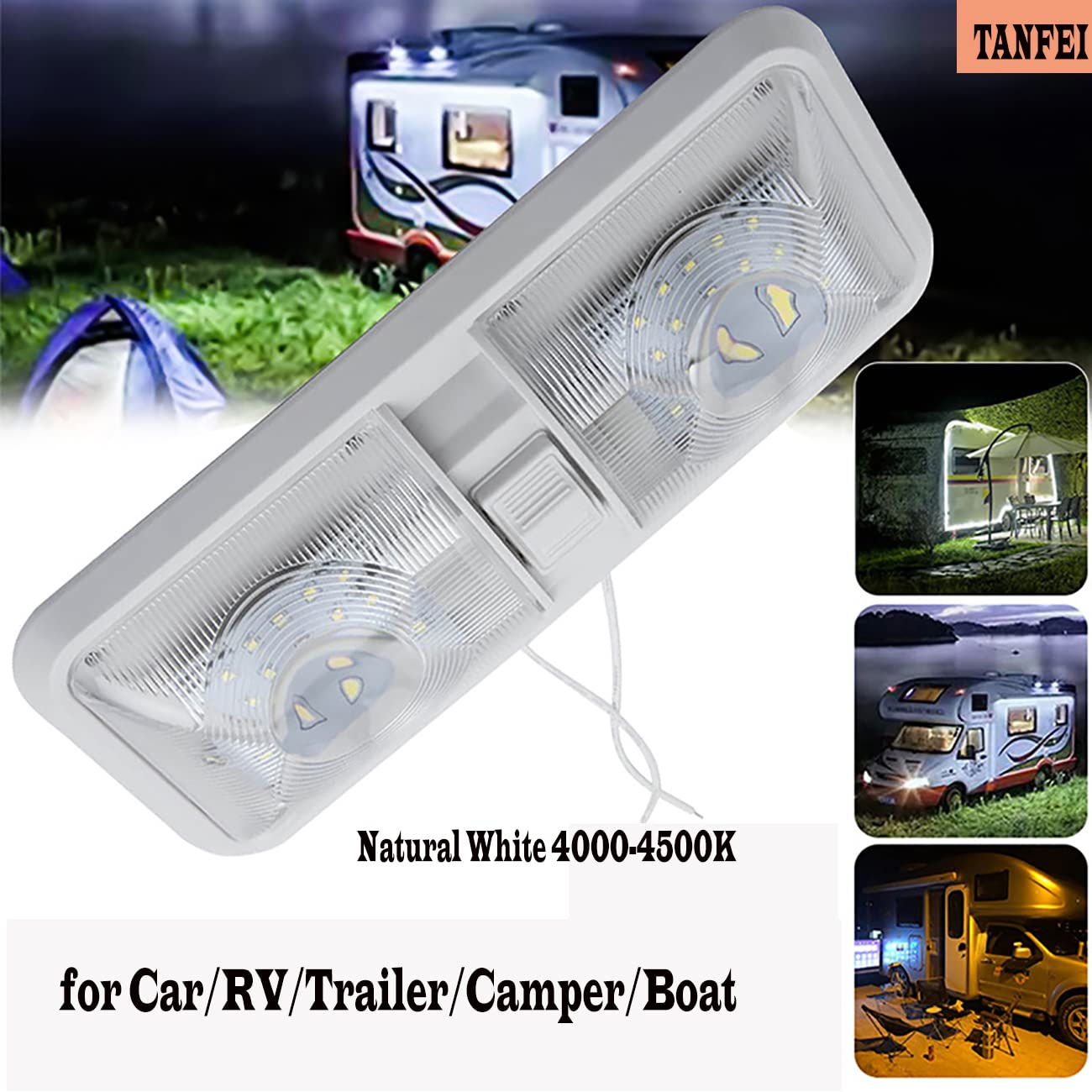Luz LED de techo de doble cúpula CC 12 V blanco natural, accesorio con interruptor de encendido/apagado, iluminación interior para coche/caravana/remolque/camper/barco (paquete de 5)