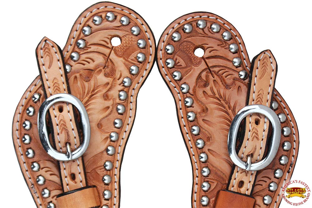 Showman Ladies Size Tooled Leather Spur Straps with Hand Painted Teal & Copper Feather