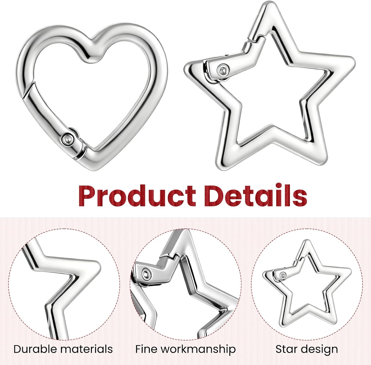 6 Pcs Star Carabiner Keychain Clip Heart Carabiner Stainless Steel Keychain Clip Heavy Duty Spring Snap Clasp Hook Small Key Holder for Keys and Wallet Hiking Camping Traveling Fishing (Silver) - Image 4