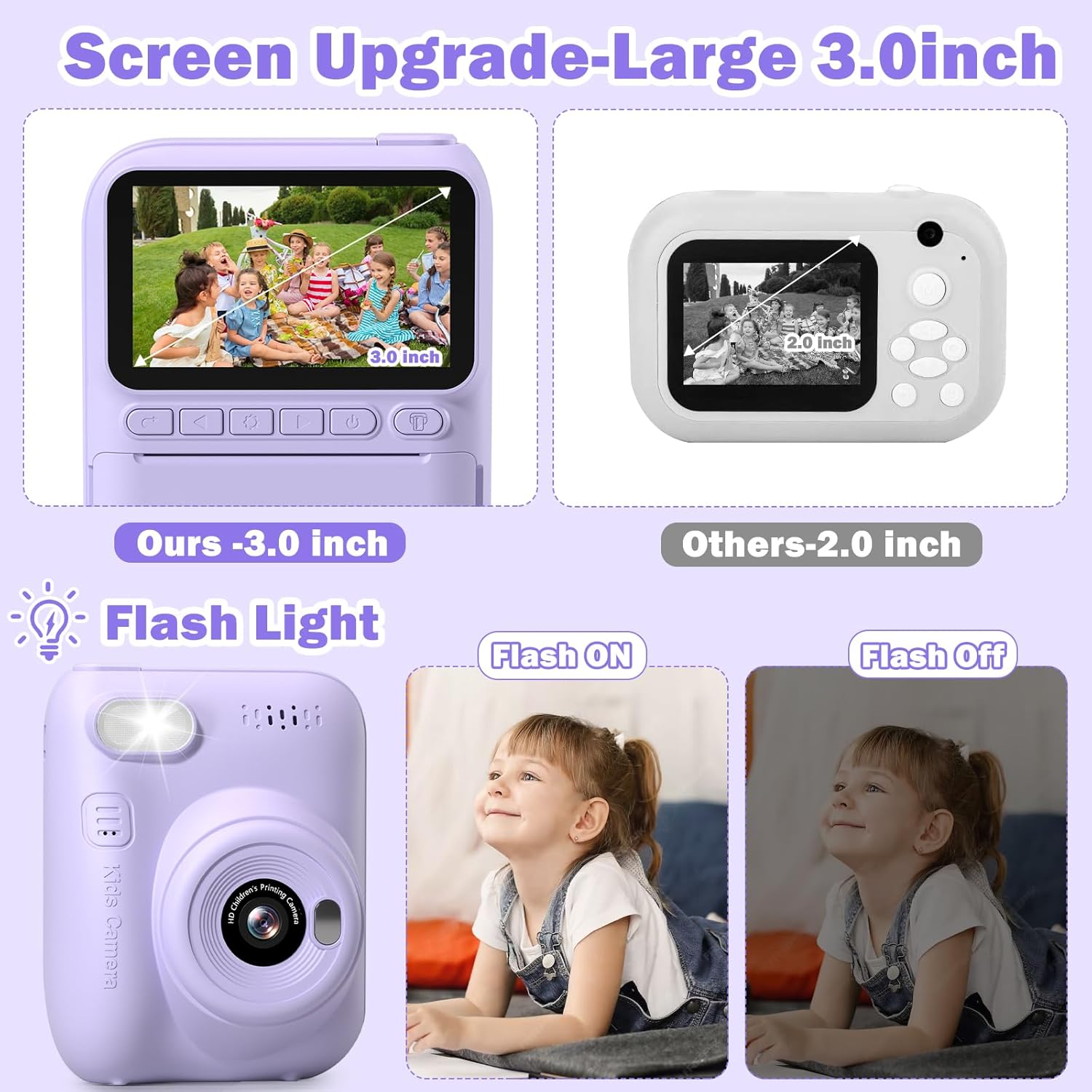 A child coloring a black and white instant print photo with a blue marker, with other colored prints and the purple Hangrui Kids Instant Print Digital Camera visible on a table.