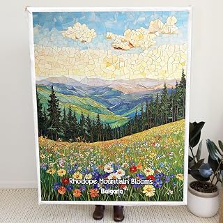 Rhodope Mountain Blooms-Bulgaria Landscape Stained Glass Fleece Blanket – Colorful Scenic Travel Destination Throw – Soft Cozy Lightweight Blanket for Couch, Bed, Sofa, Home Décor mokY7y