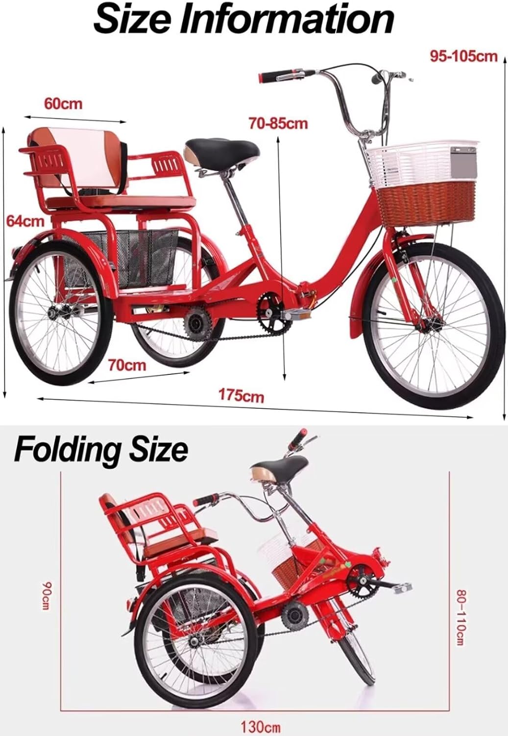 Folding Adult tricycles with Back seat,Elderly Rickshaw Pedals Tricycle,Trike,3 Wheels Bicycles for Hanging Out and Traveling,Front and Rear Brakes (Black)