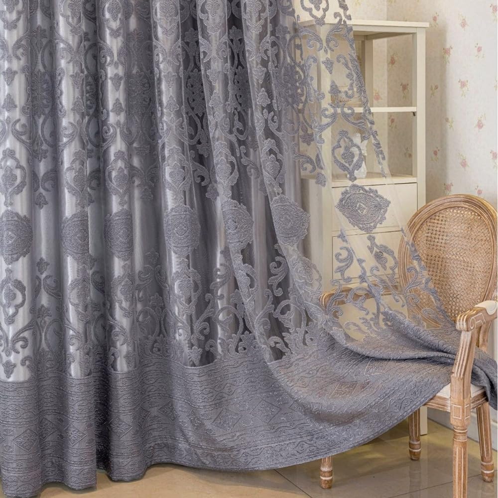 Amidoudou 1 Pair Luxury Double Layered European High-Blackout Curtains Embroidered Curtains for Living Room Bedroom Balcony (Gray,72x96 Inch)